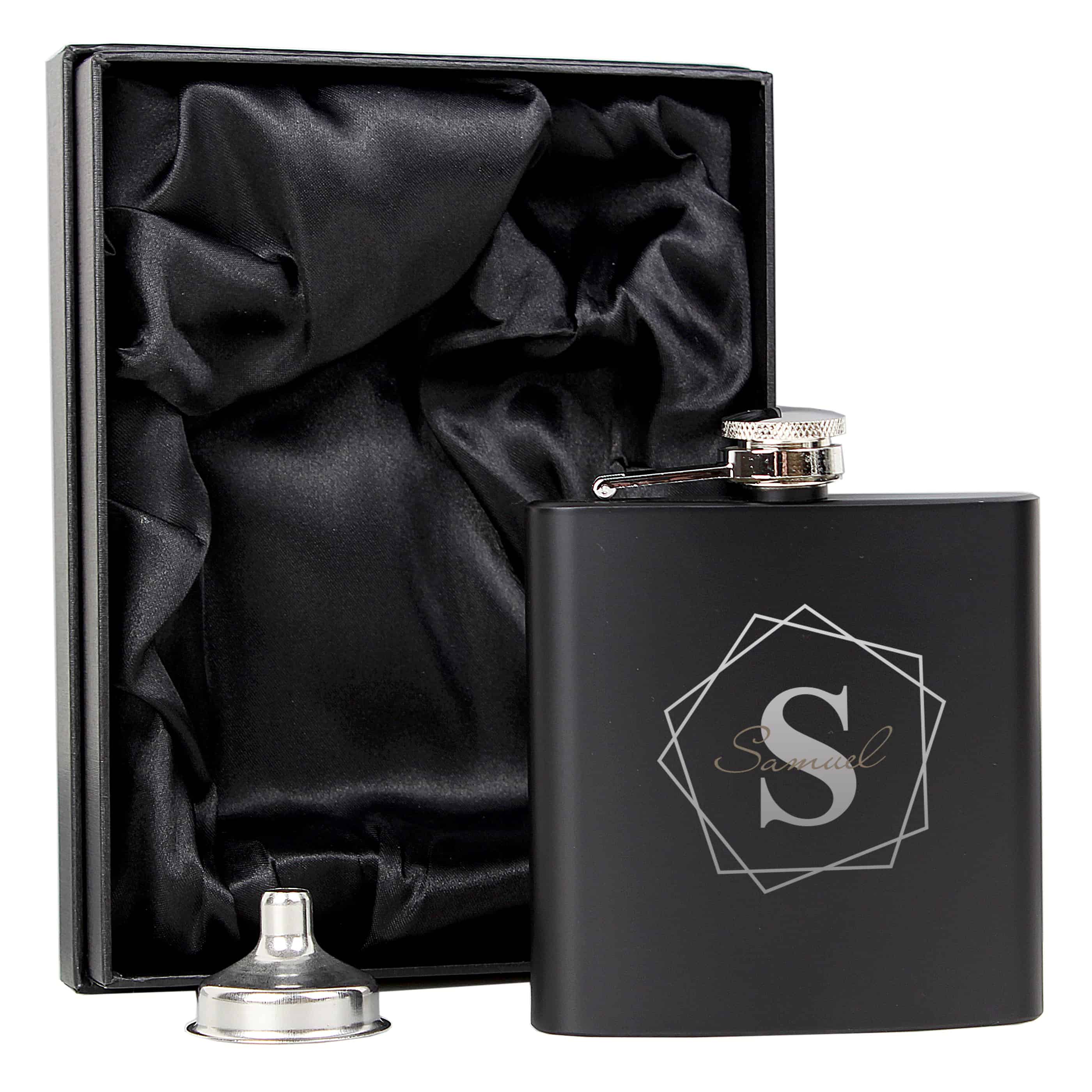 stainless steel black hip flask engraved with an initial and name