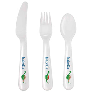 plastic dinosaur cutlery set. can be personalised with any name.
