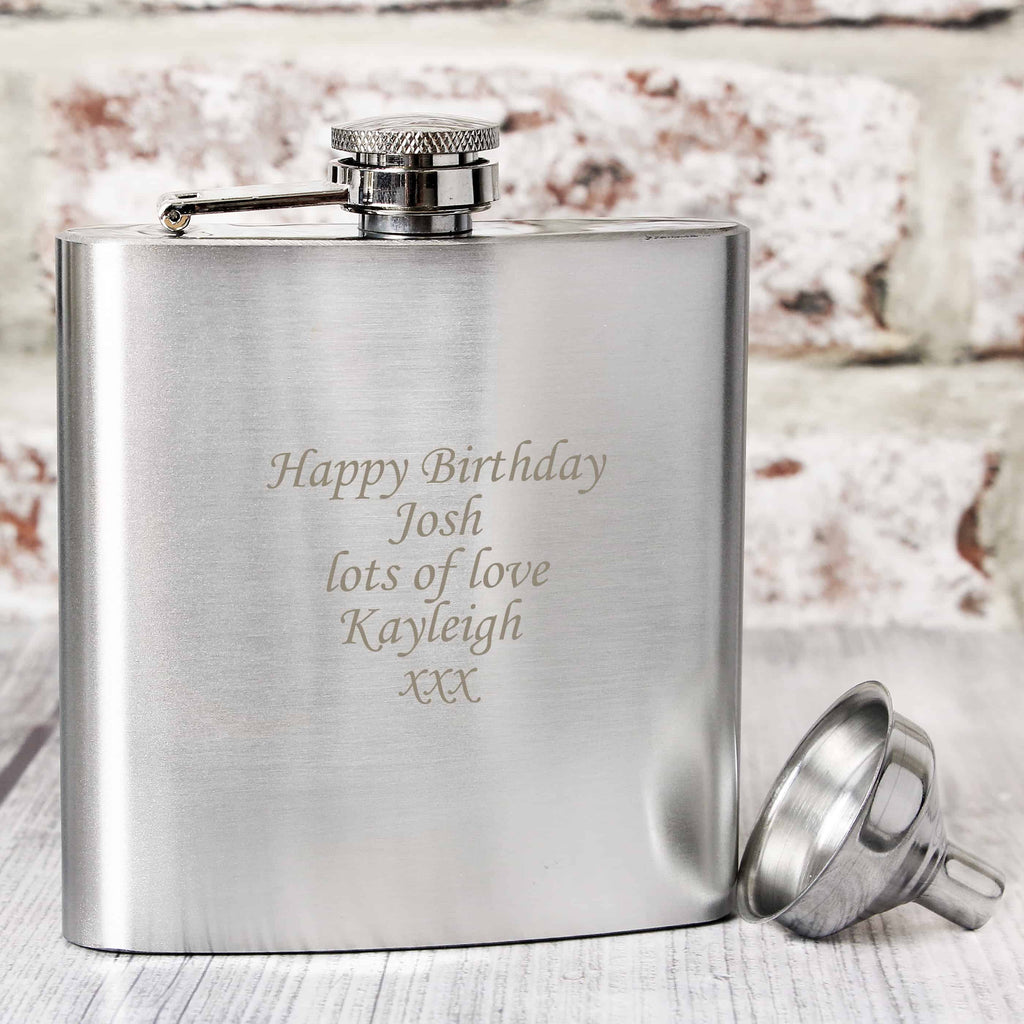 stainless steel hip flask can be engraved with any message over 5 lines.