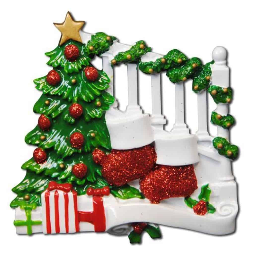 stocking on bannister personalised tree decoration