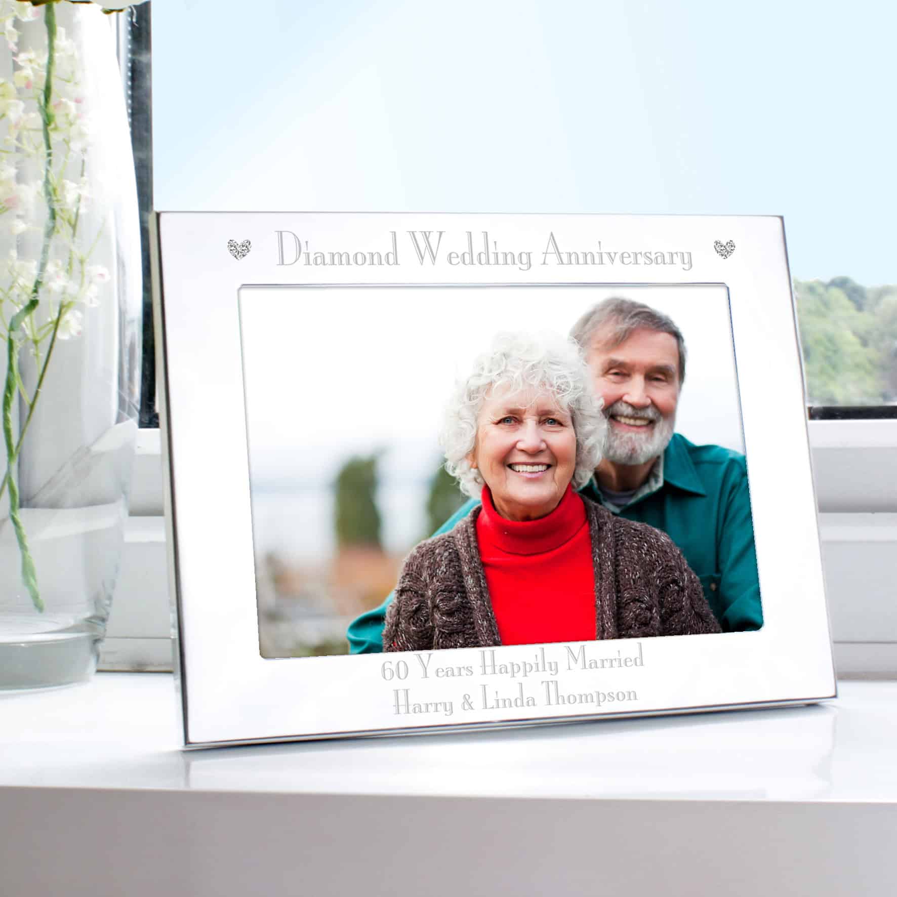 personalised diamond wedding anniversary frame engraved with any message over 2 lines underneath the photo