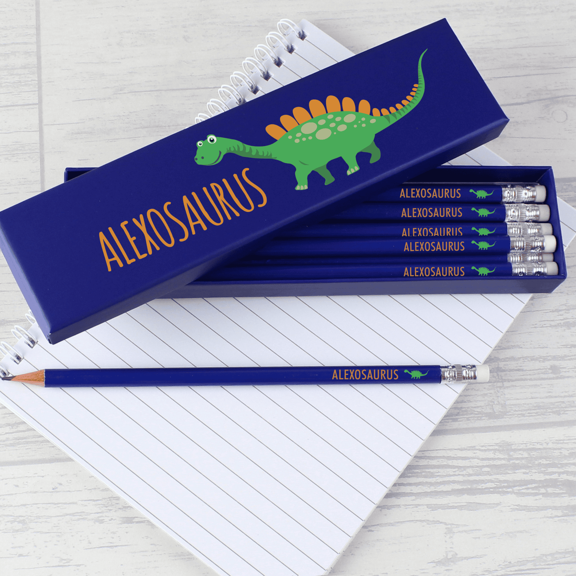 personalised dinosaur pencil box with the child's name on the box lid and on all the pencils