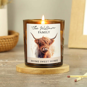 Personalised Highland Cow Glass Candle.