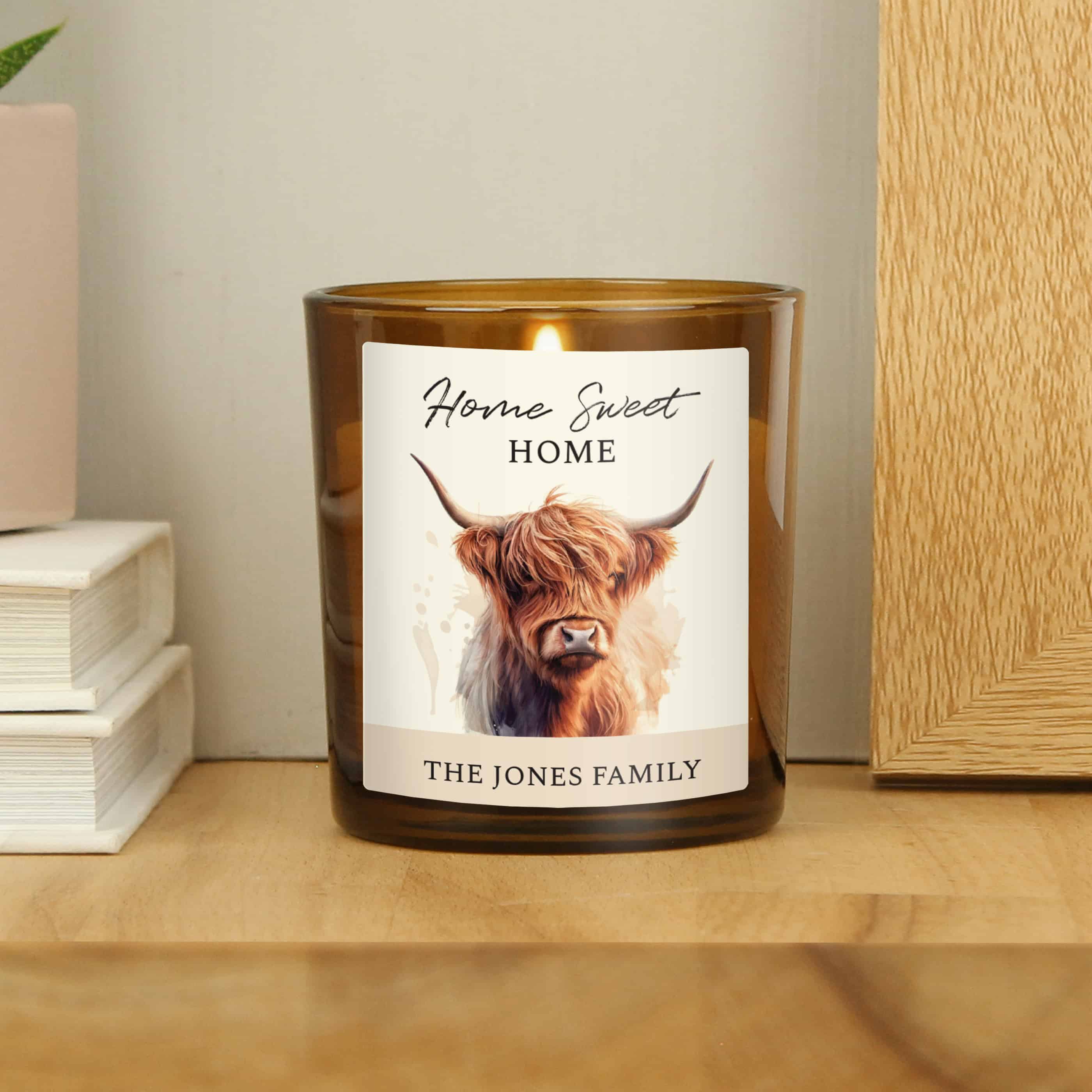 Personalised Highland Cow Candle – Amber Glass Scented Candle