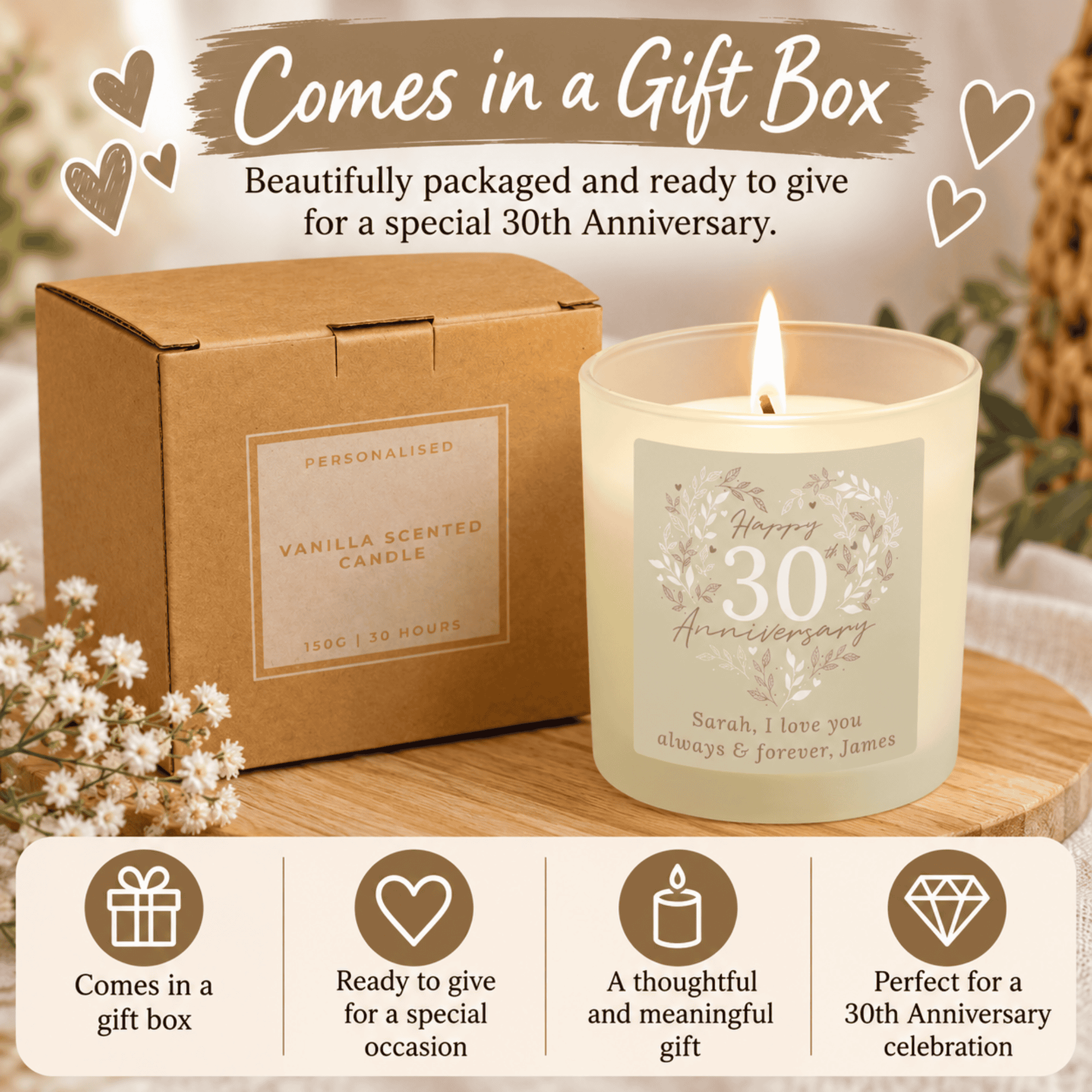 personalised 30th anniversary candle jar personalised with a message over 2 lines