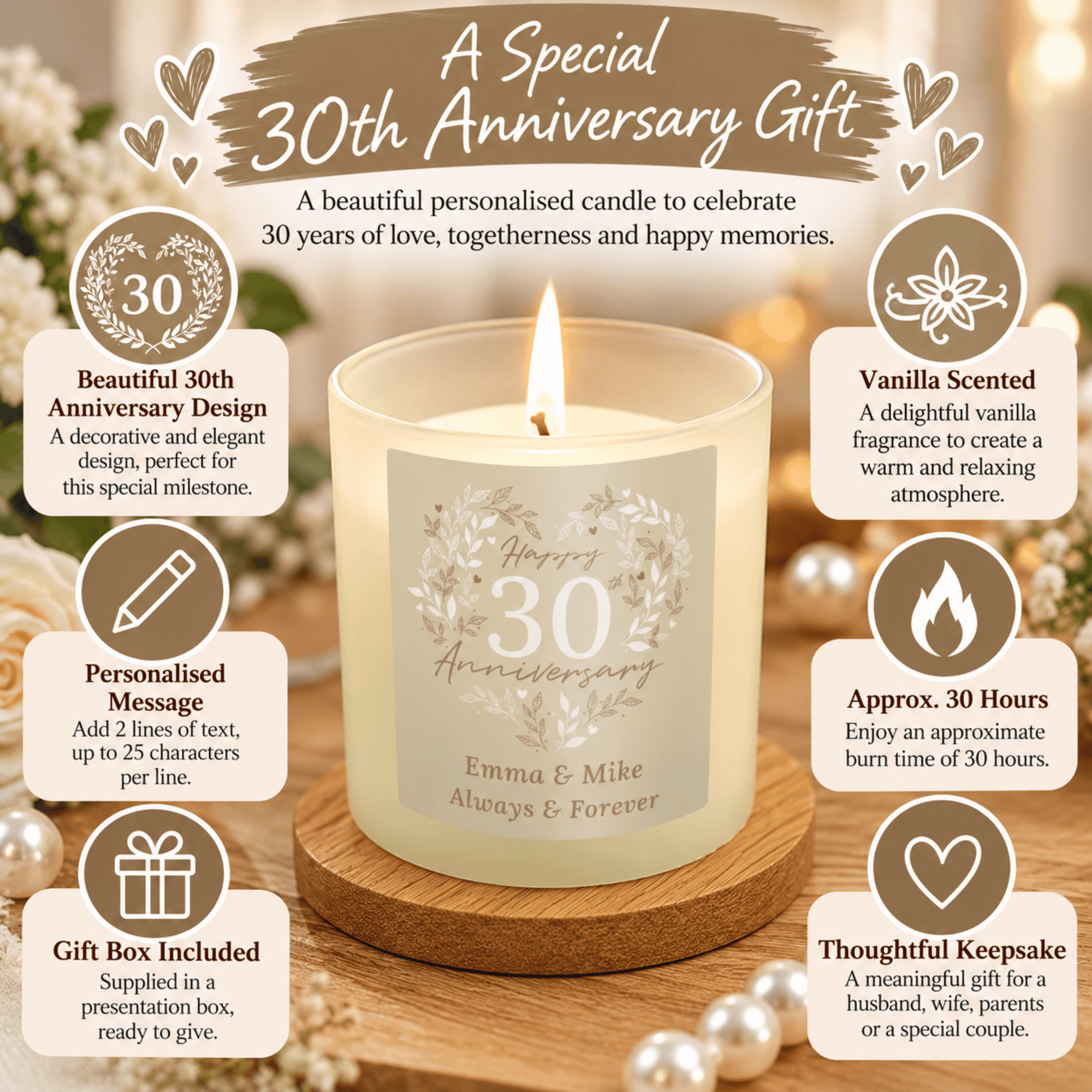 personalised 30th anniversary candle jar personalised with a message over 2 lines