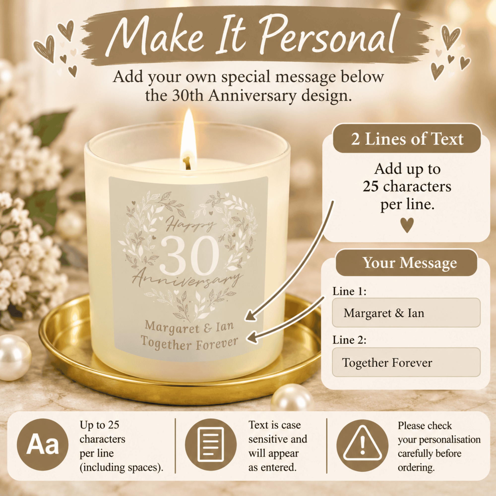 personalised 30th anniversary candle jar personalised with a message over 2 lines