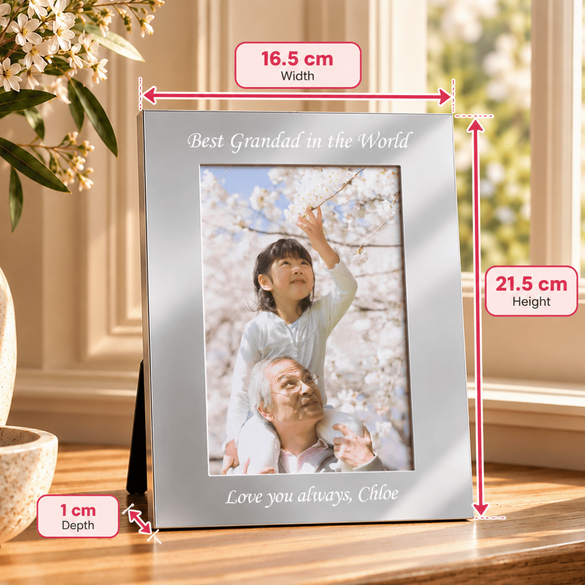 personalised portrait 6x4 photo frame engraved with a message above and a message of your choice below the photo.