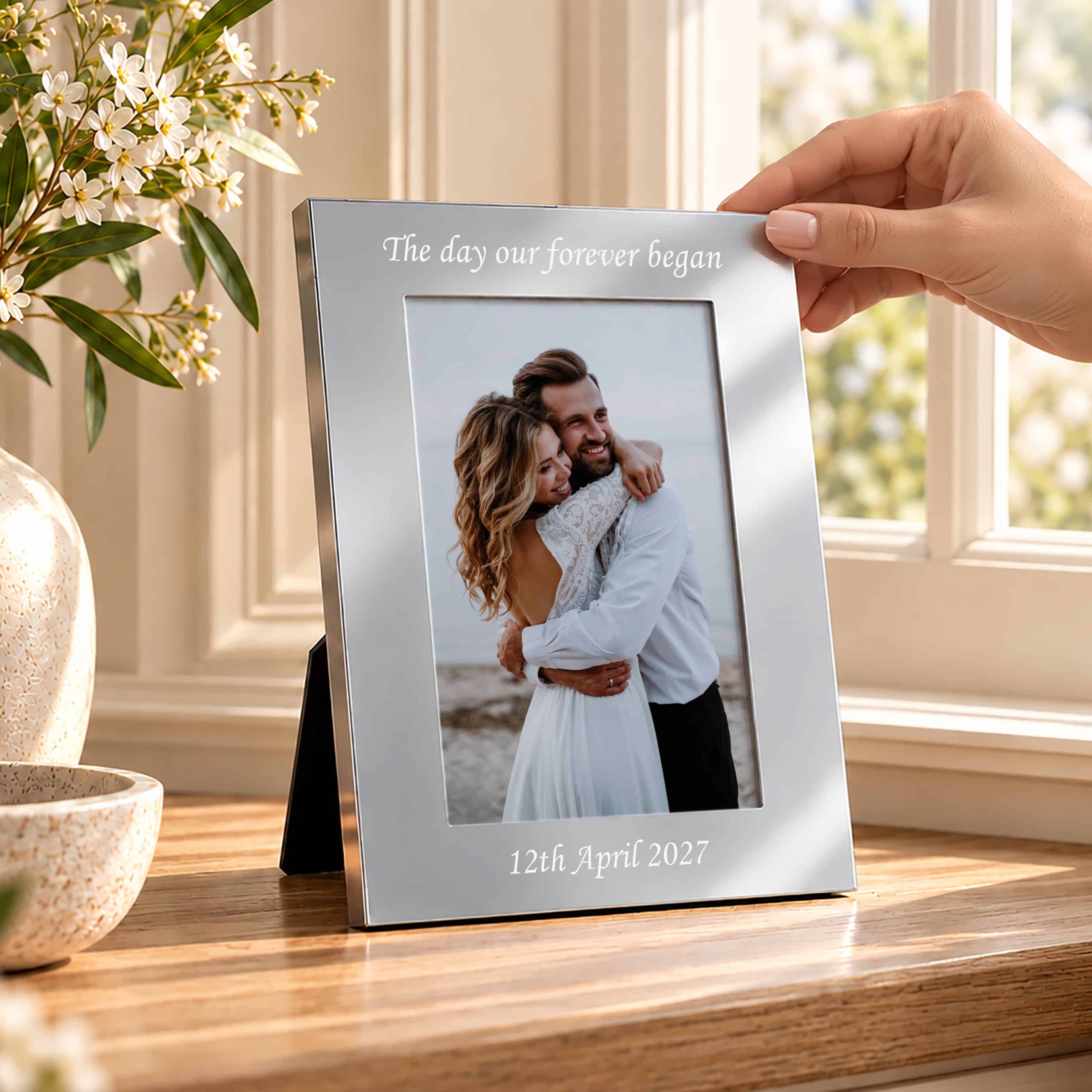 personalised portrait 6x4 photo frame engraved with a message above and a message of your choice below the photo.