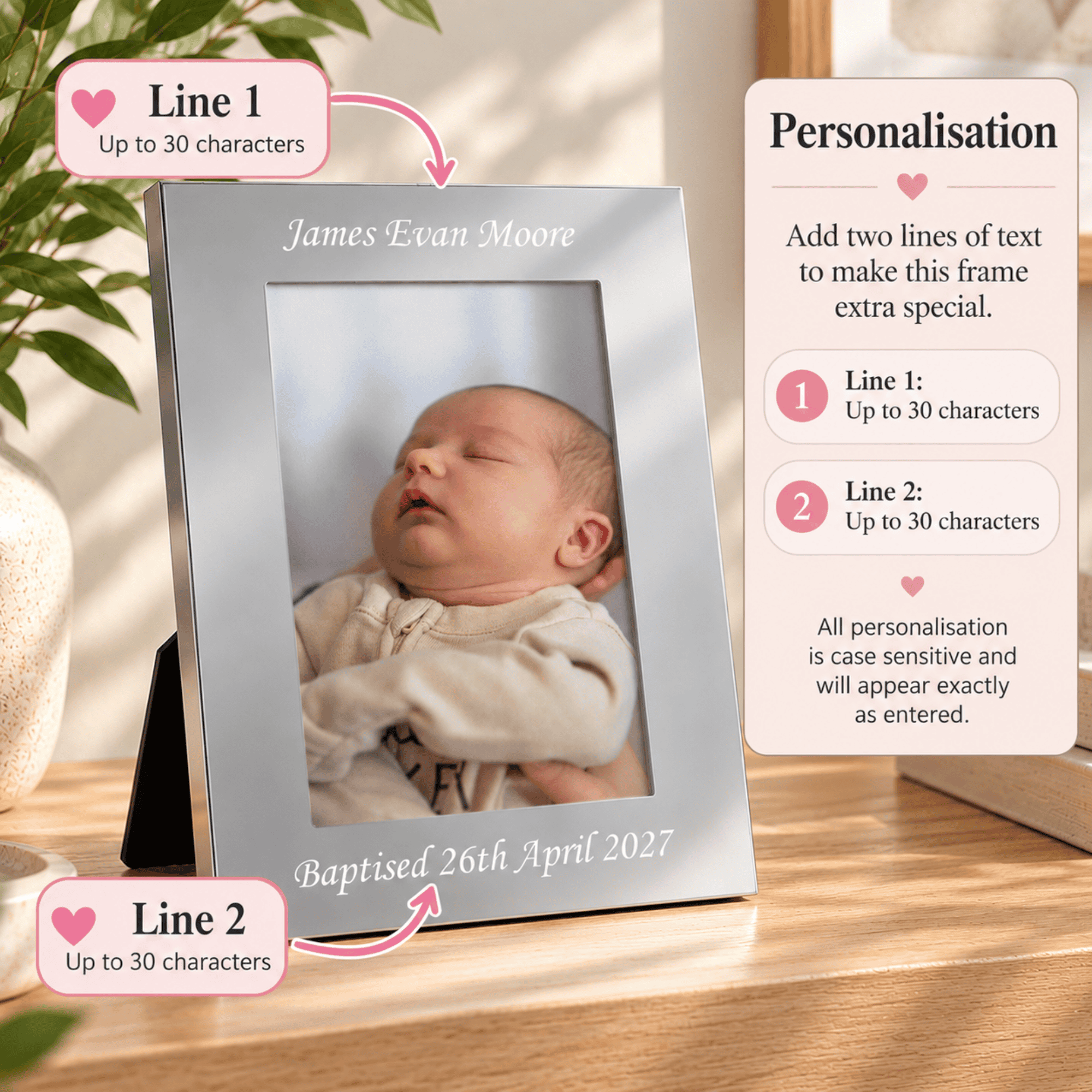 personalised portrait 6x4 photo frame engraved with a message above and a message of your choice below the photo.