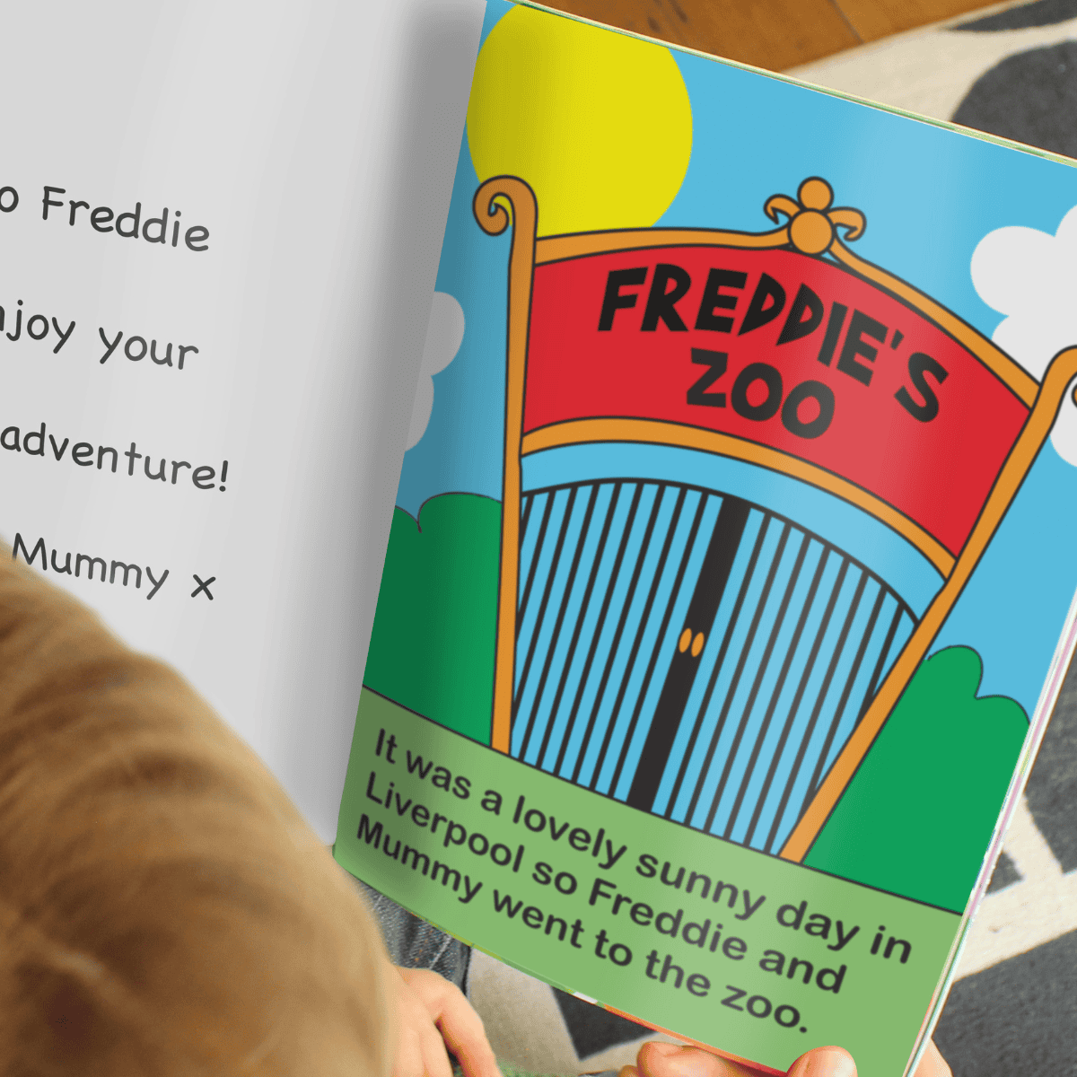 personalised zoo story book inside page showing the child's name personalised on the page.