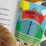 personalised zoo story book inside page showing the child's name personalised on the page.