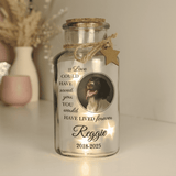 Personalised Pet Memorial Photo Upload LED Light Up Jar featuring a photo of a dog