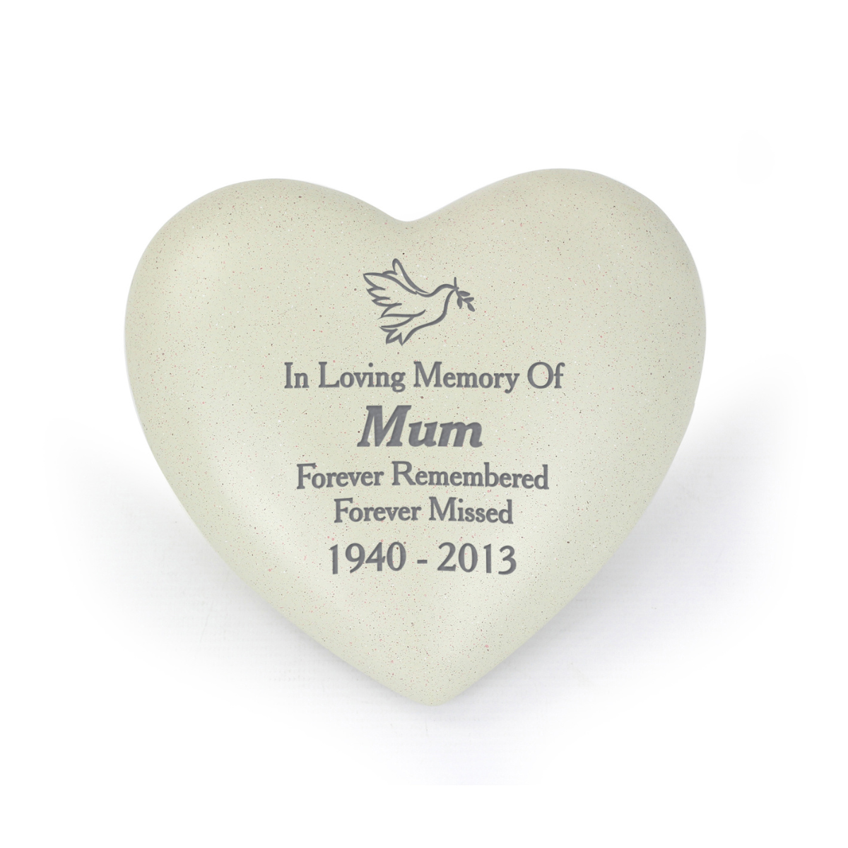 personalised dove memorial stone showing the person's name, message and age engraved on the heart stone