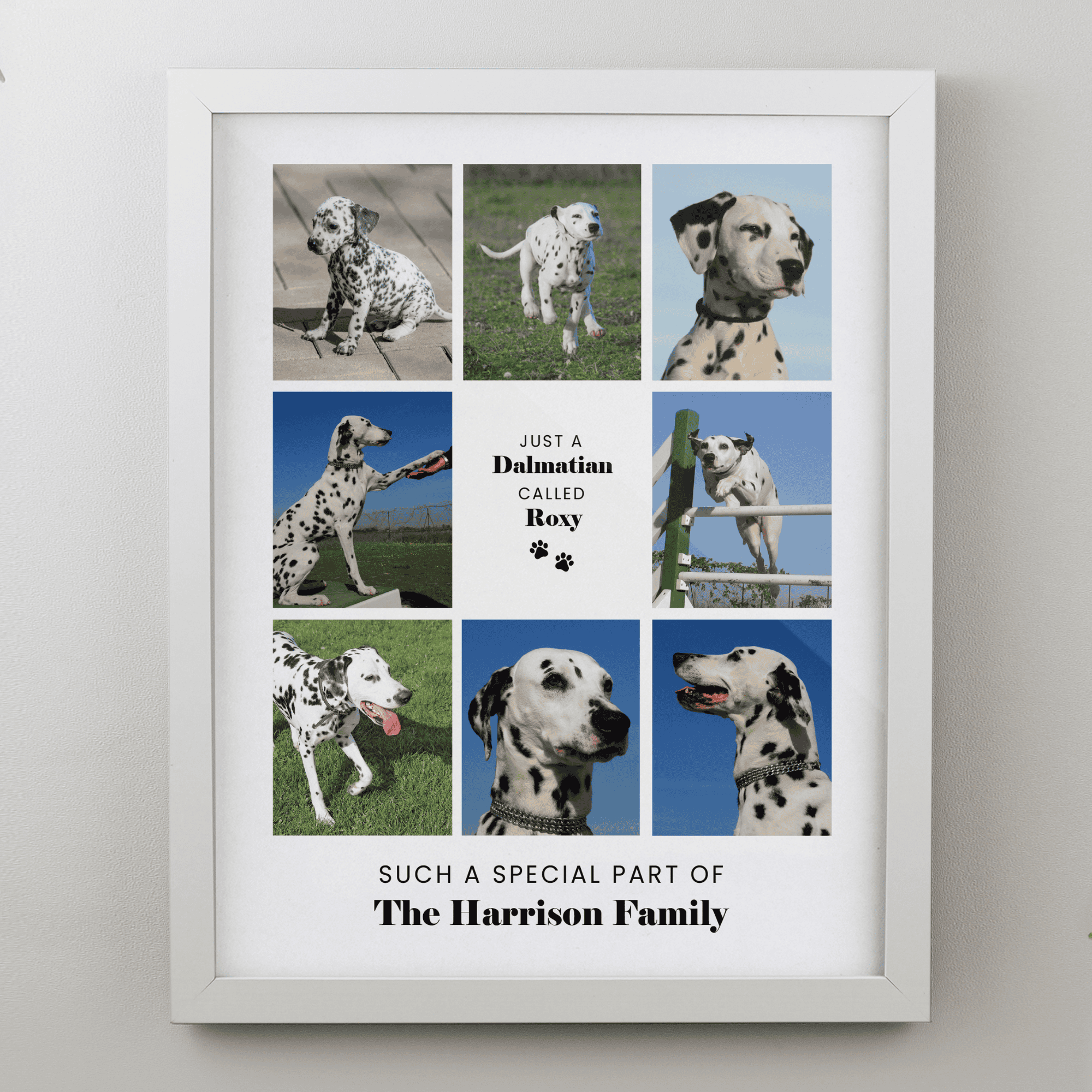 personalised white frame multi photo collage with space for 8 photos.
