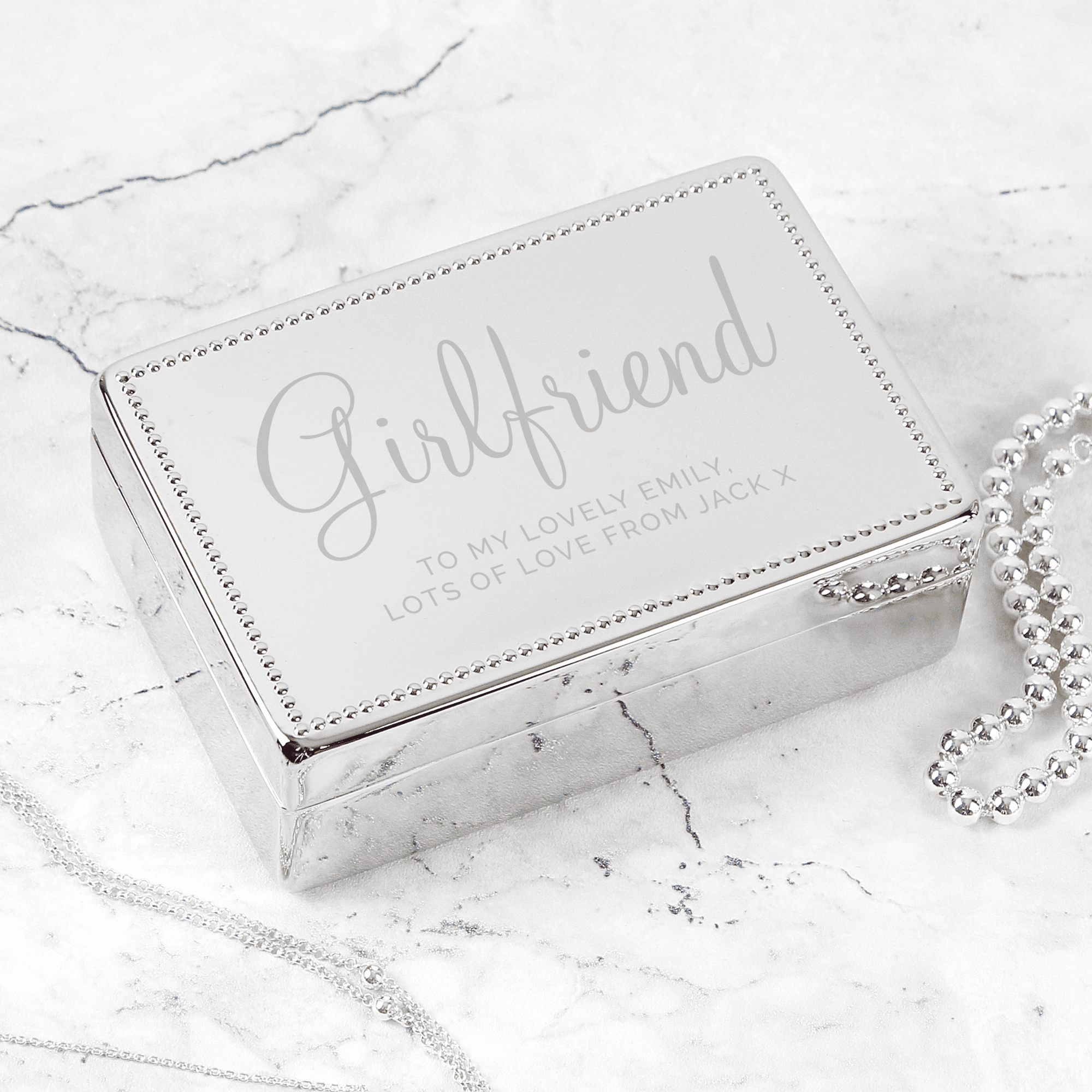 personalised jewellery box with name in large font and message underneath