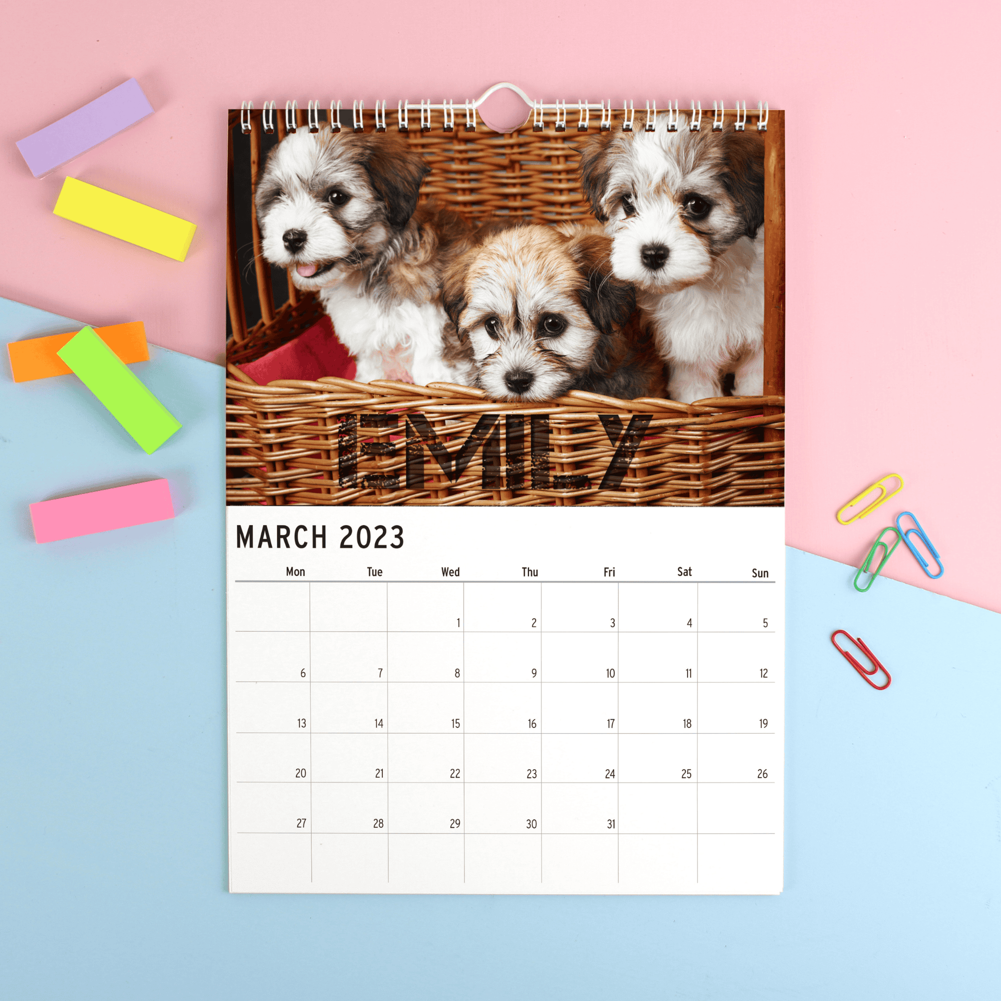 personalised a4 dog wall calendar with any name personalised on each month