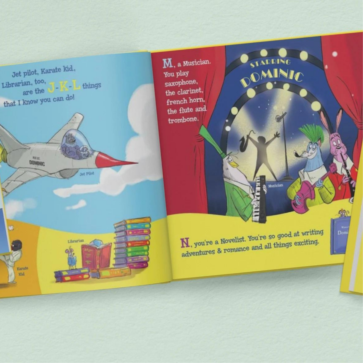 personalised ABC book showing the illustrations inside with the child's name personalised on the pages