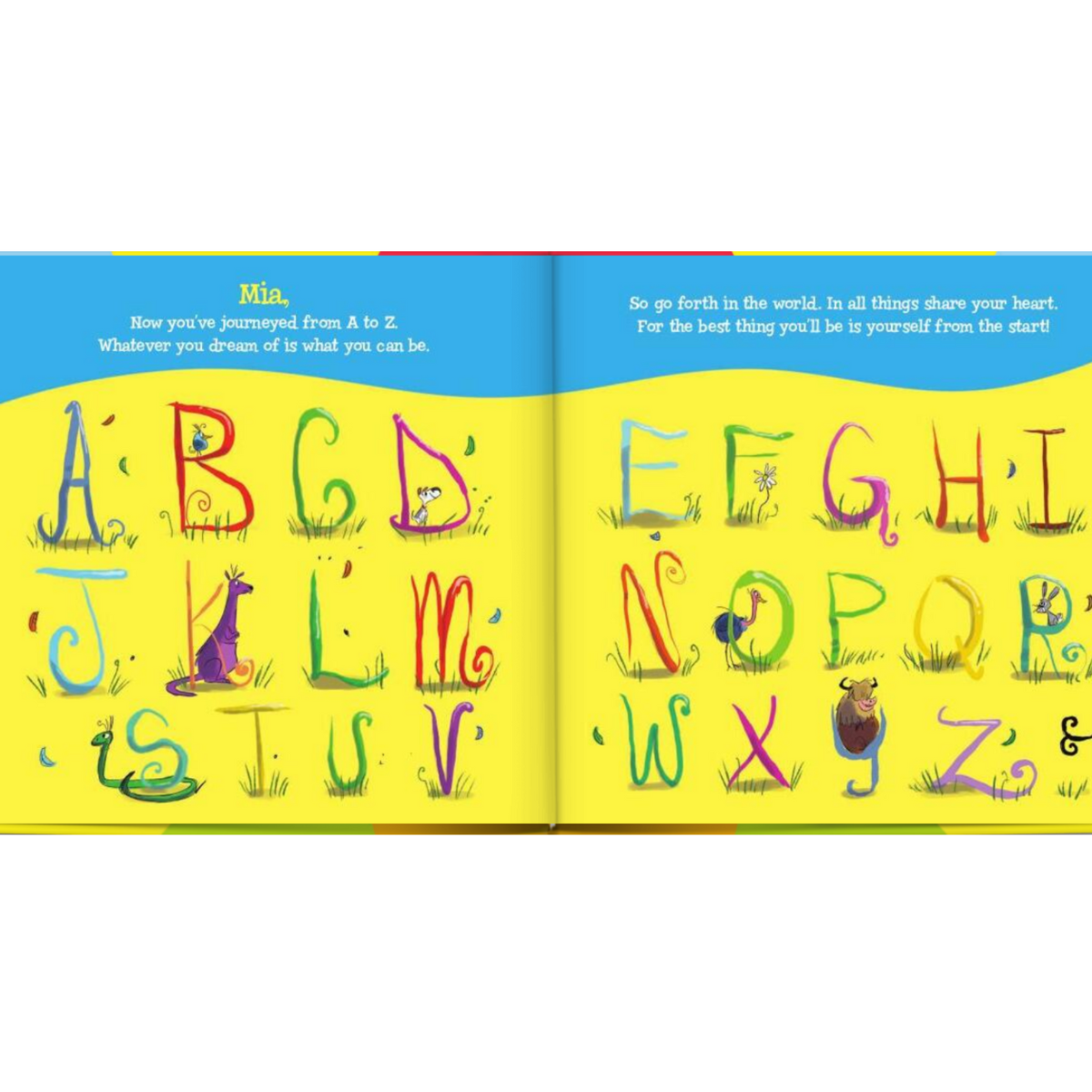 personalised ABC book showing the illustrations inside with the child's name personalised on the pages