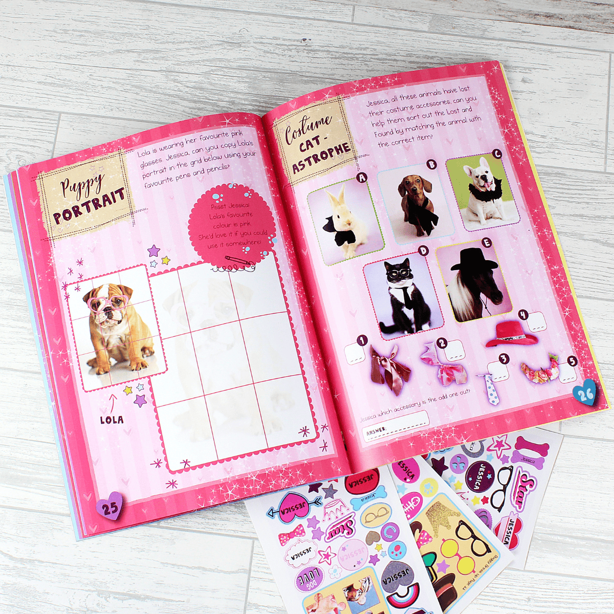 personalised activity sticker book showing examples of the inside pages