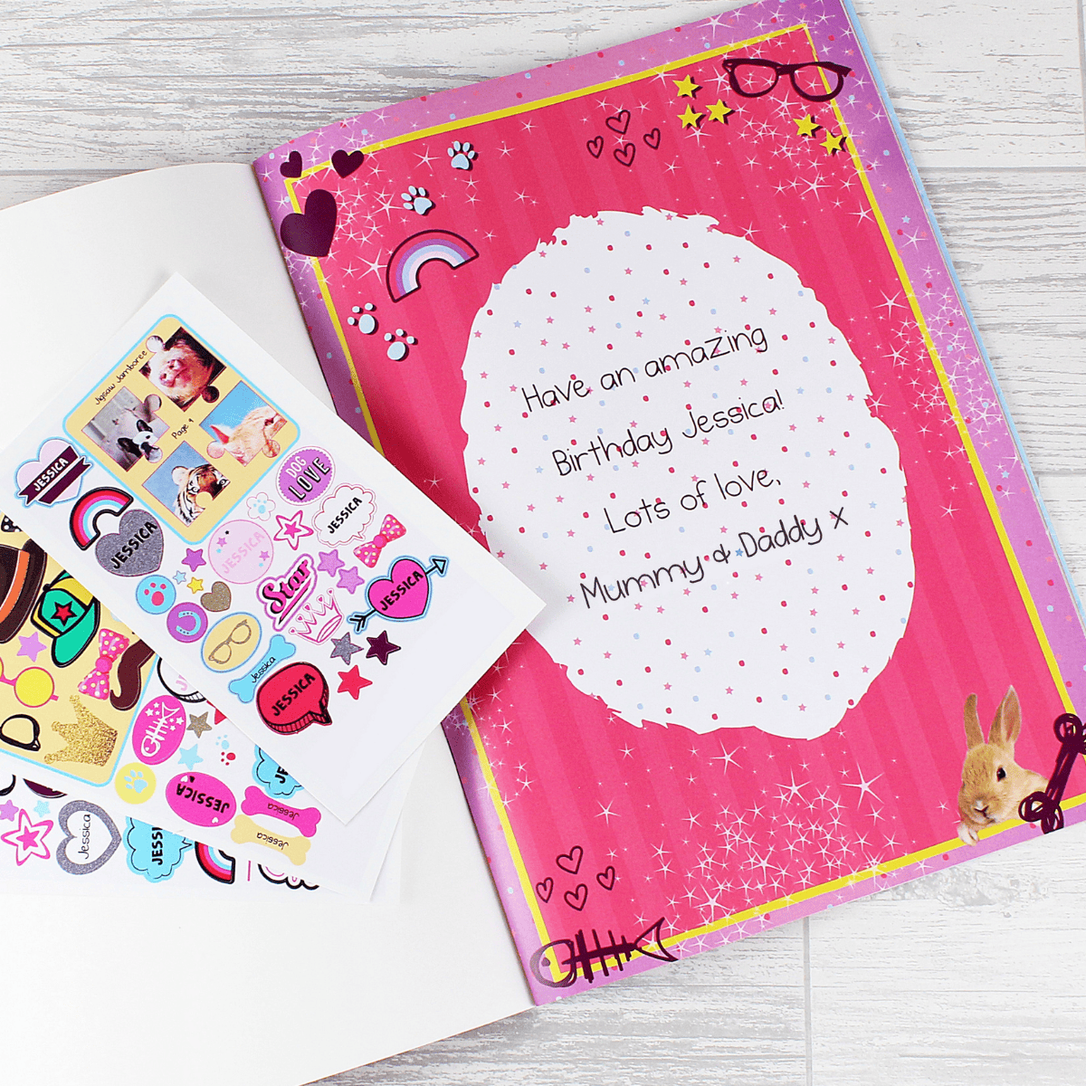 personalised child's activity sticker book showing the personalisation on the inside message