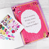 personalised child's activity sticker book showing the personalisation on the inside message