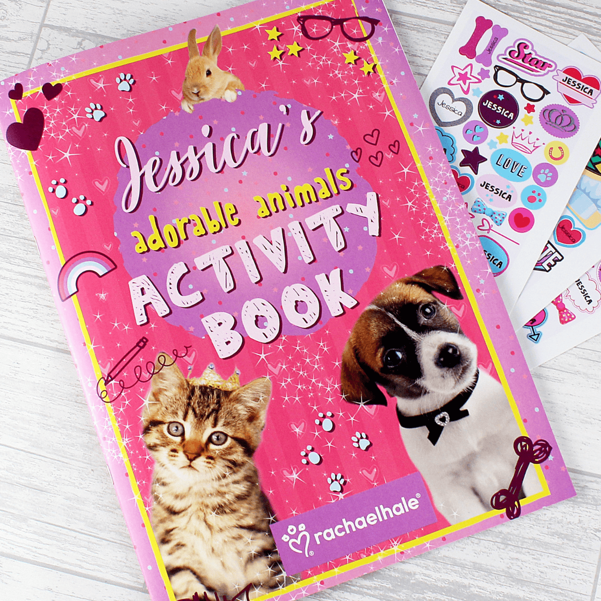 personalised activity sticker book showing the child's name on the front cover