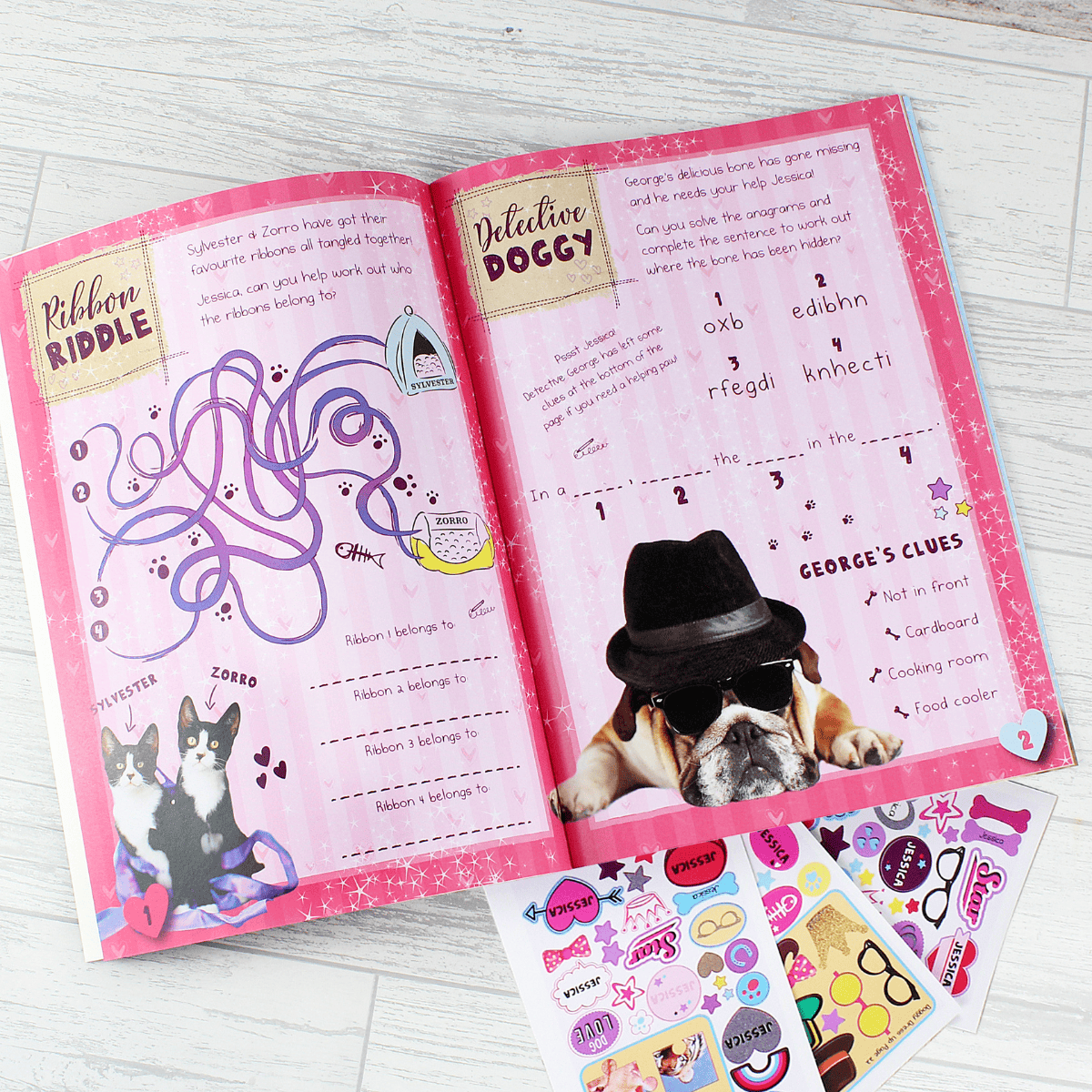 personalised activity sticker book showing examples of the inside pages