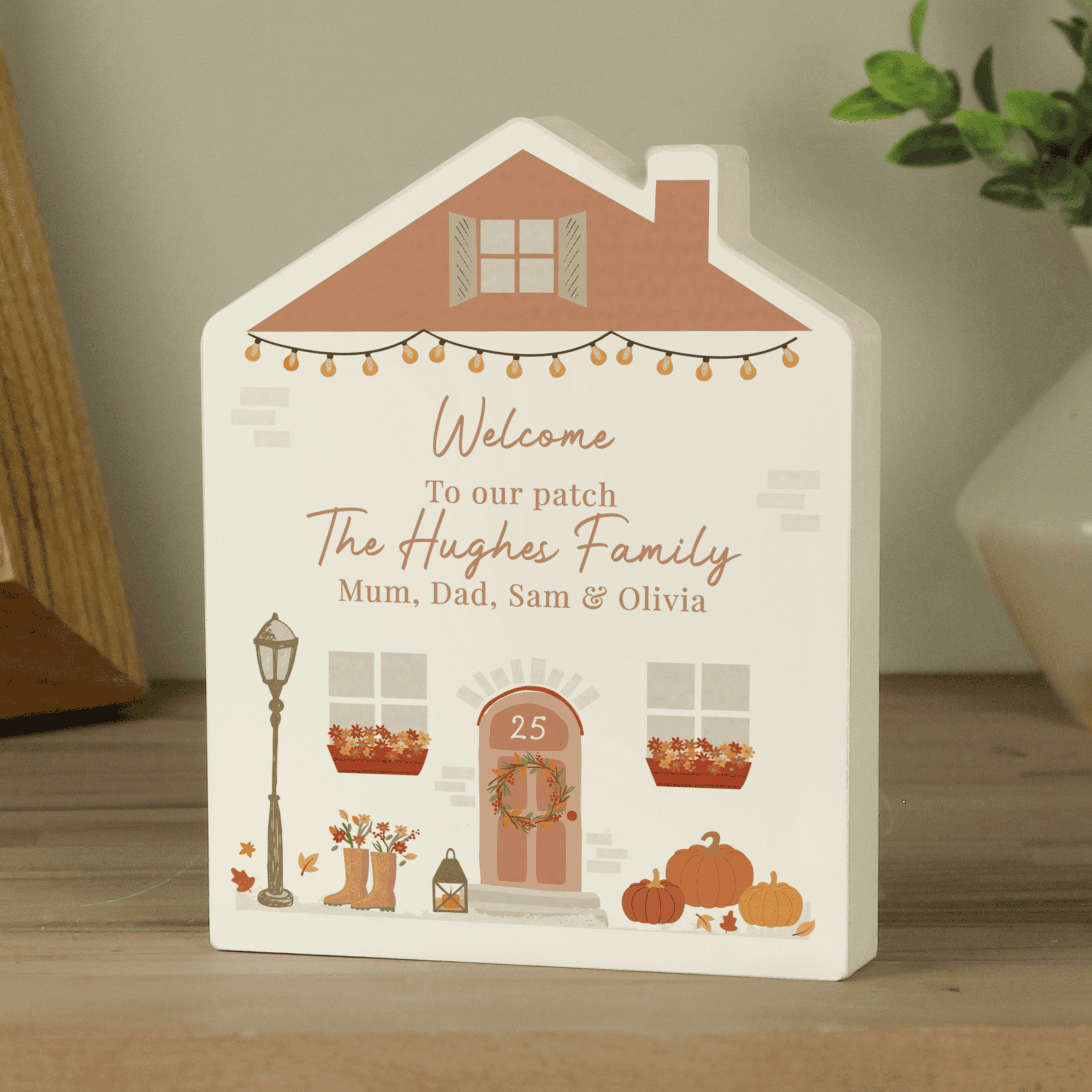 personalised wooden autumnal house ornament with any house number and message over 4 lines