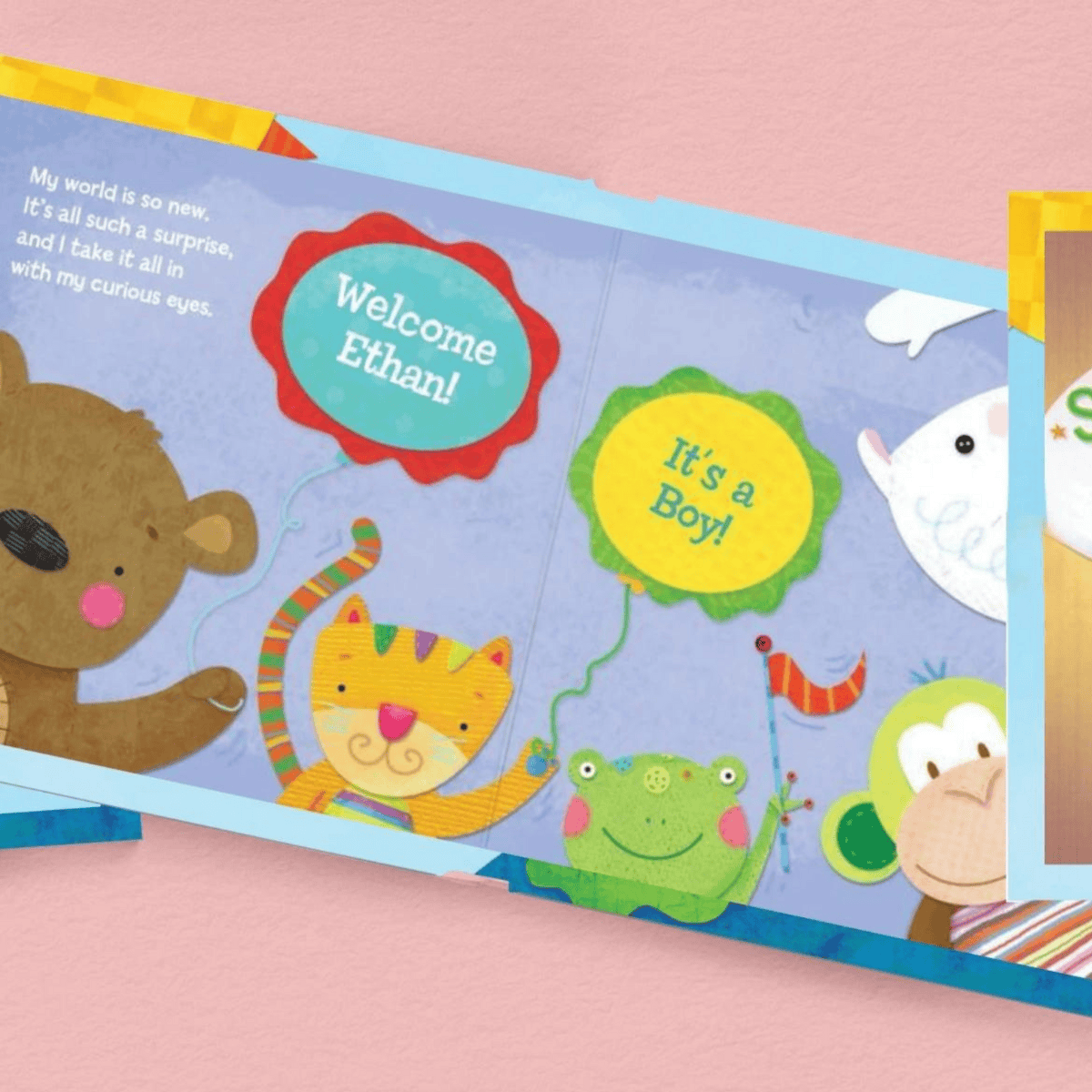 hello world personalised book showing the inside of the book with the child's name personalised on it