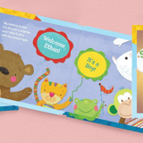 hello world personalised book showing the inside of the book with the child's name personalised on it