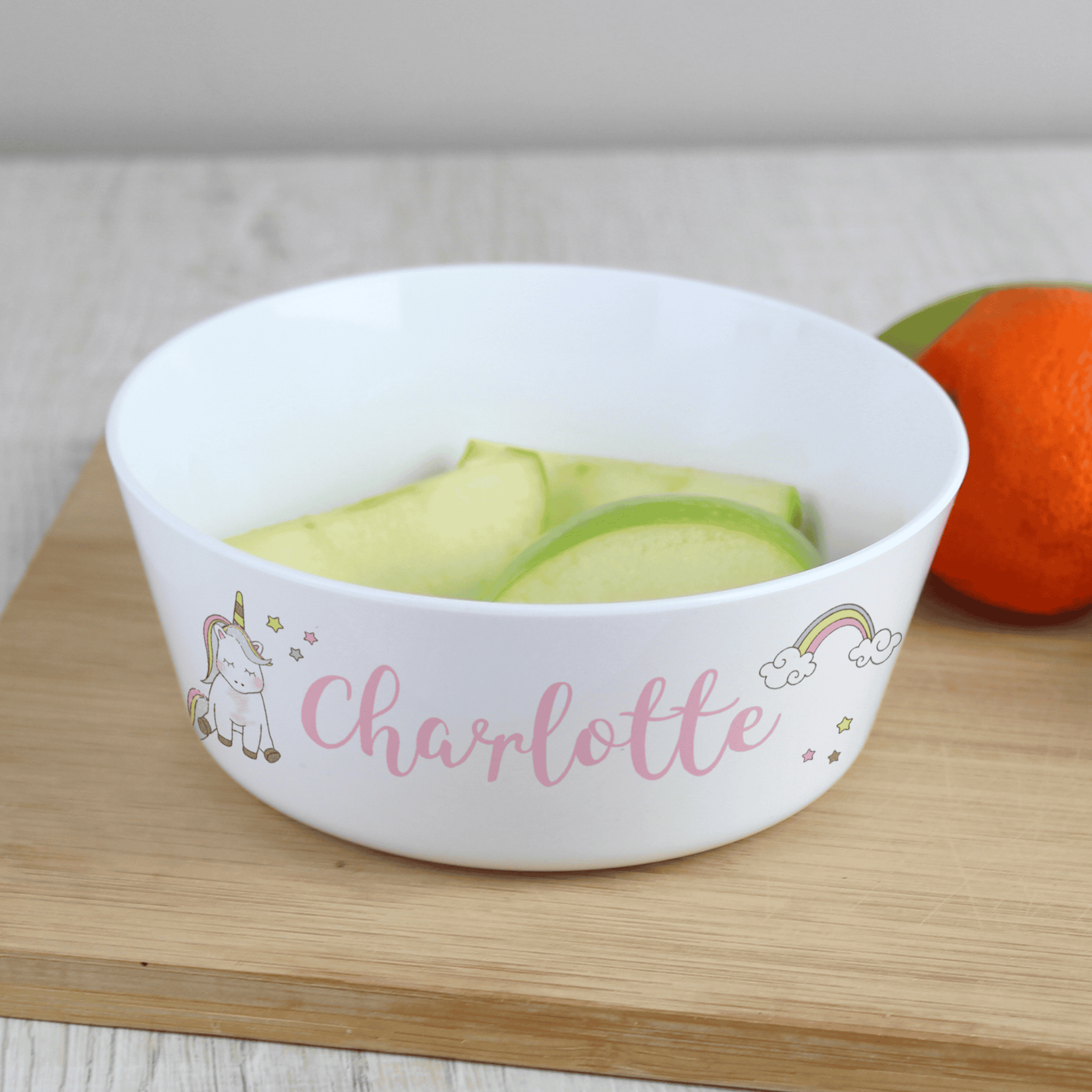 personalised baby unicorn plastic bowl with any name personalised on the side of the bowl 