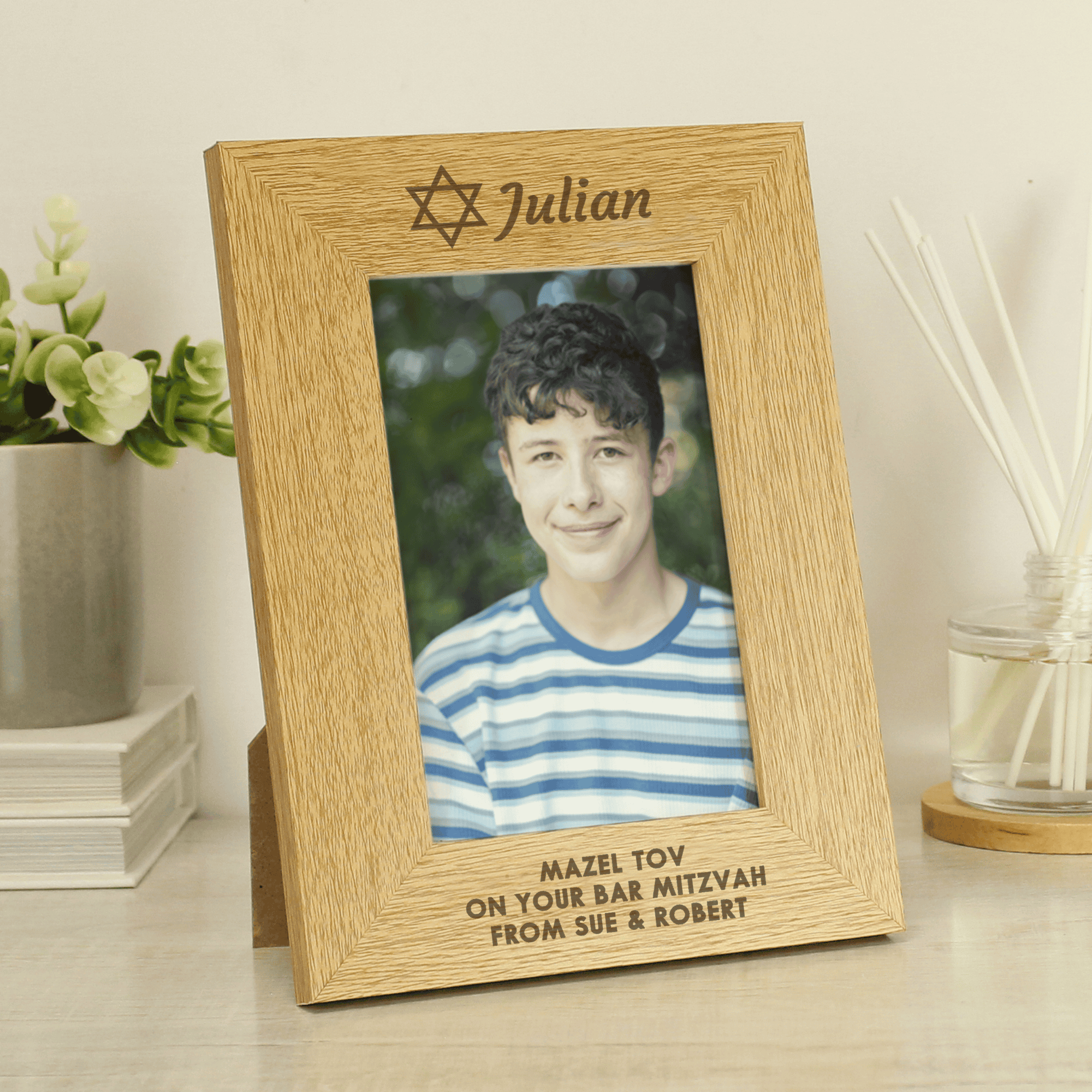 personalised wooden jewish photo frame with a name at the top beside the Star of David and a message over 3 lines below the photo