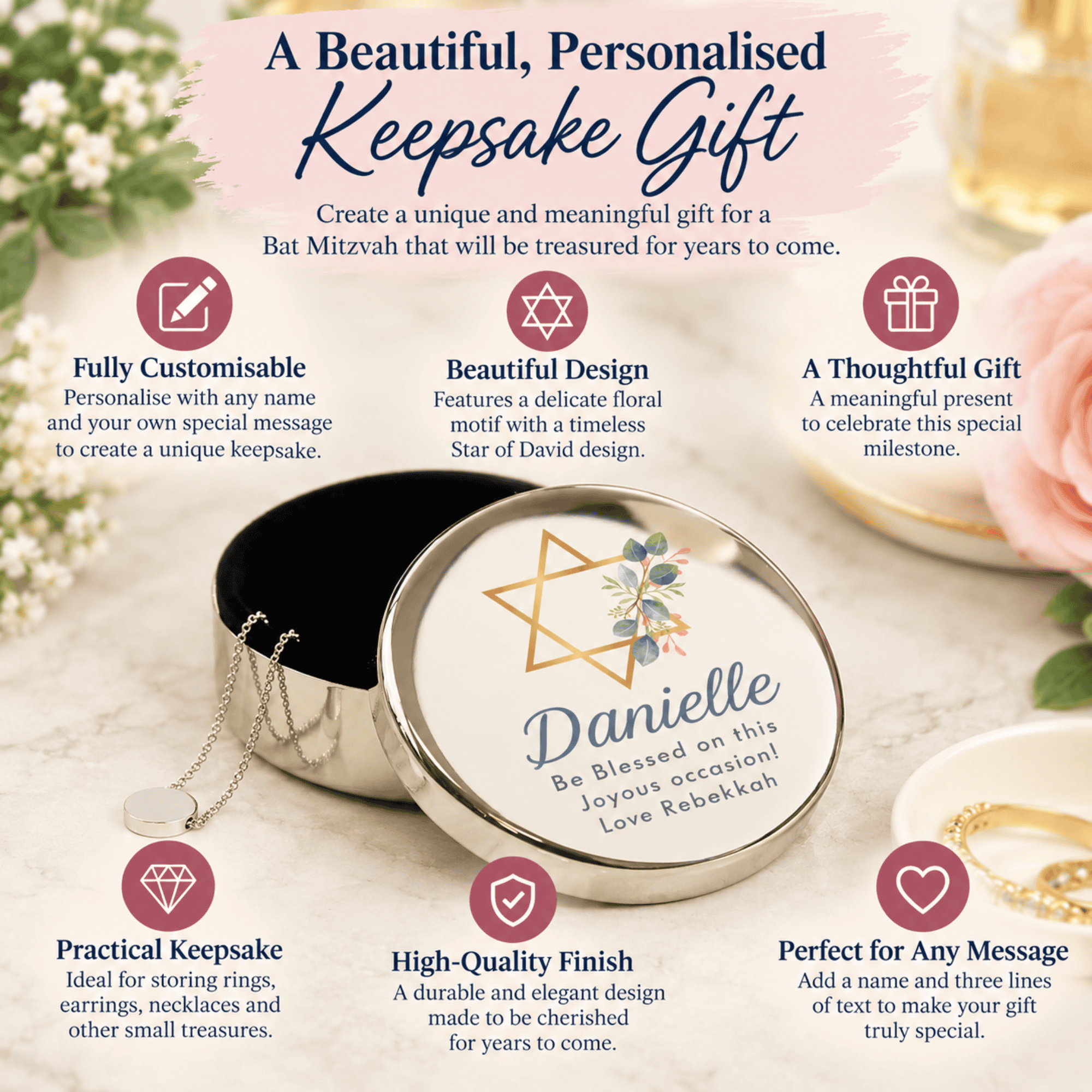 bat mitzvah trinket box engraved with a  name and message over 3 lines