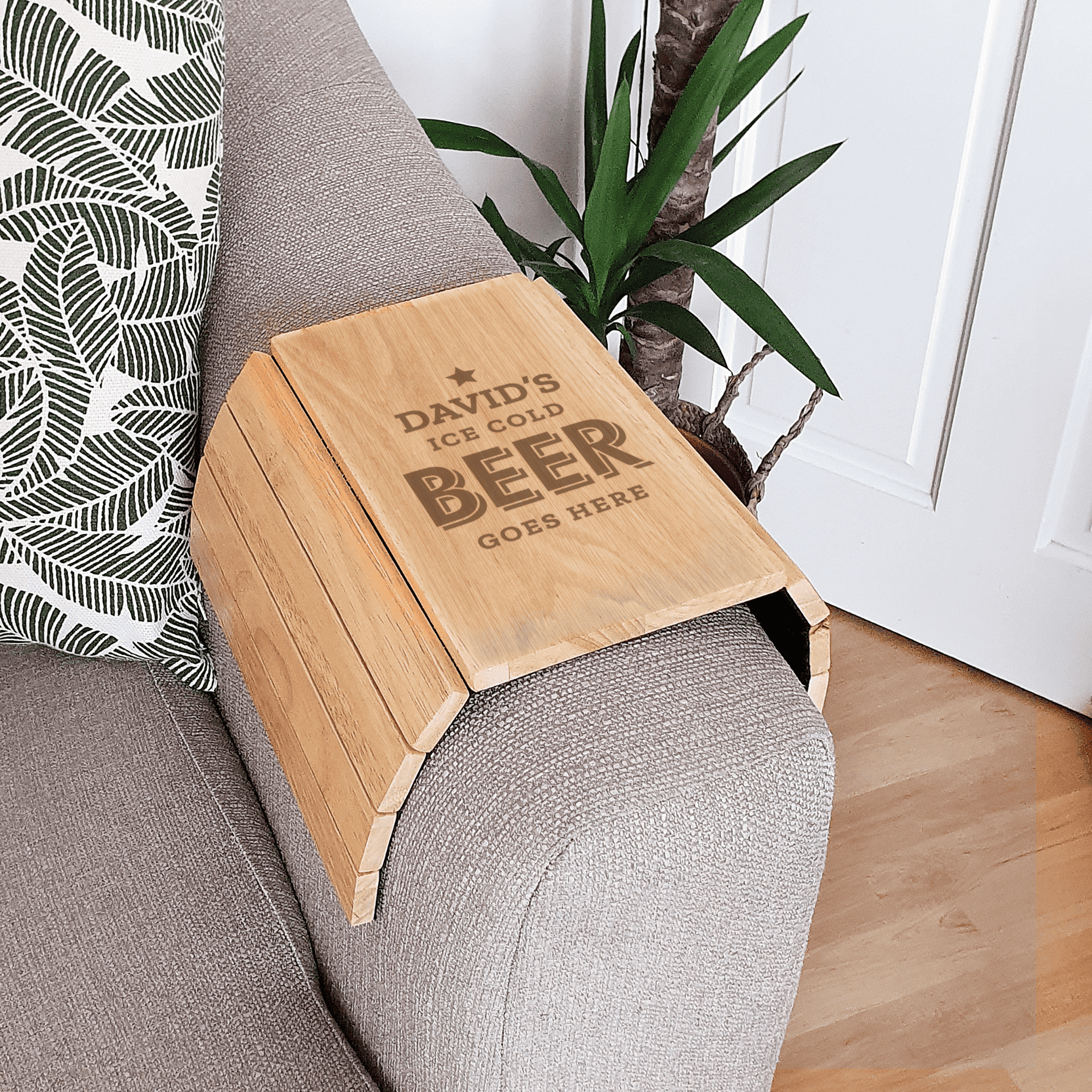 personalised beer goes here wooden sofa tray with any name on it