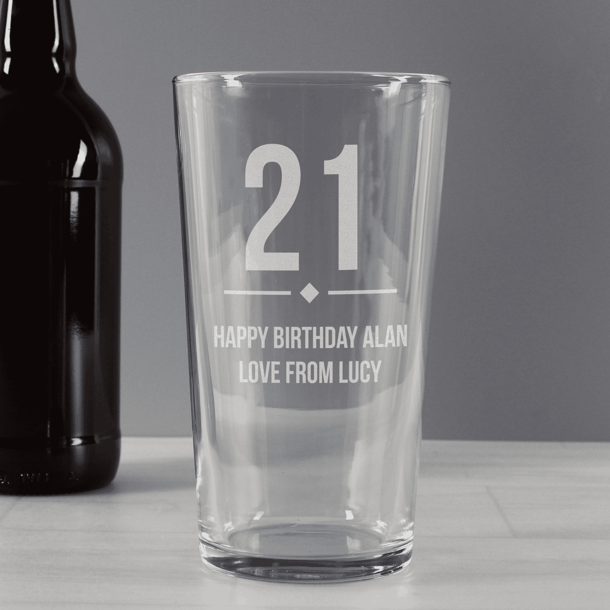 personalised big age birthday pint glass engraved with a message