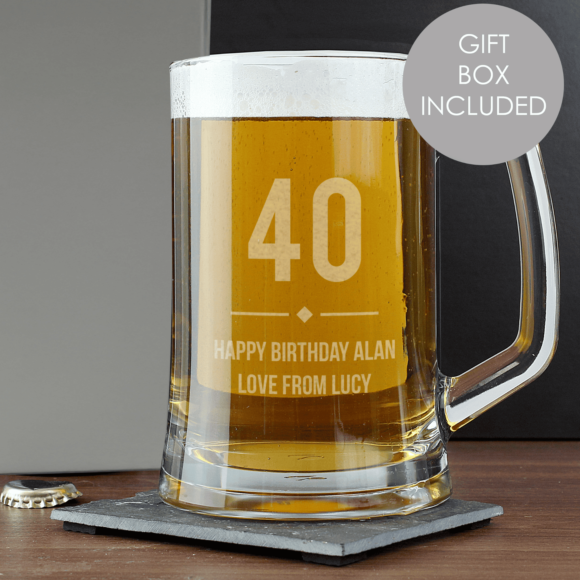 personalised big age glass stern, the age is in large font on the front with a message over 2 lines underneath