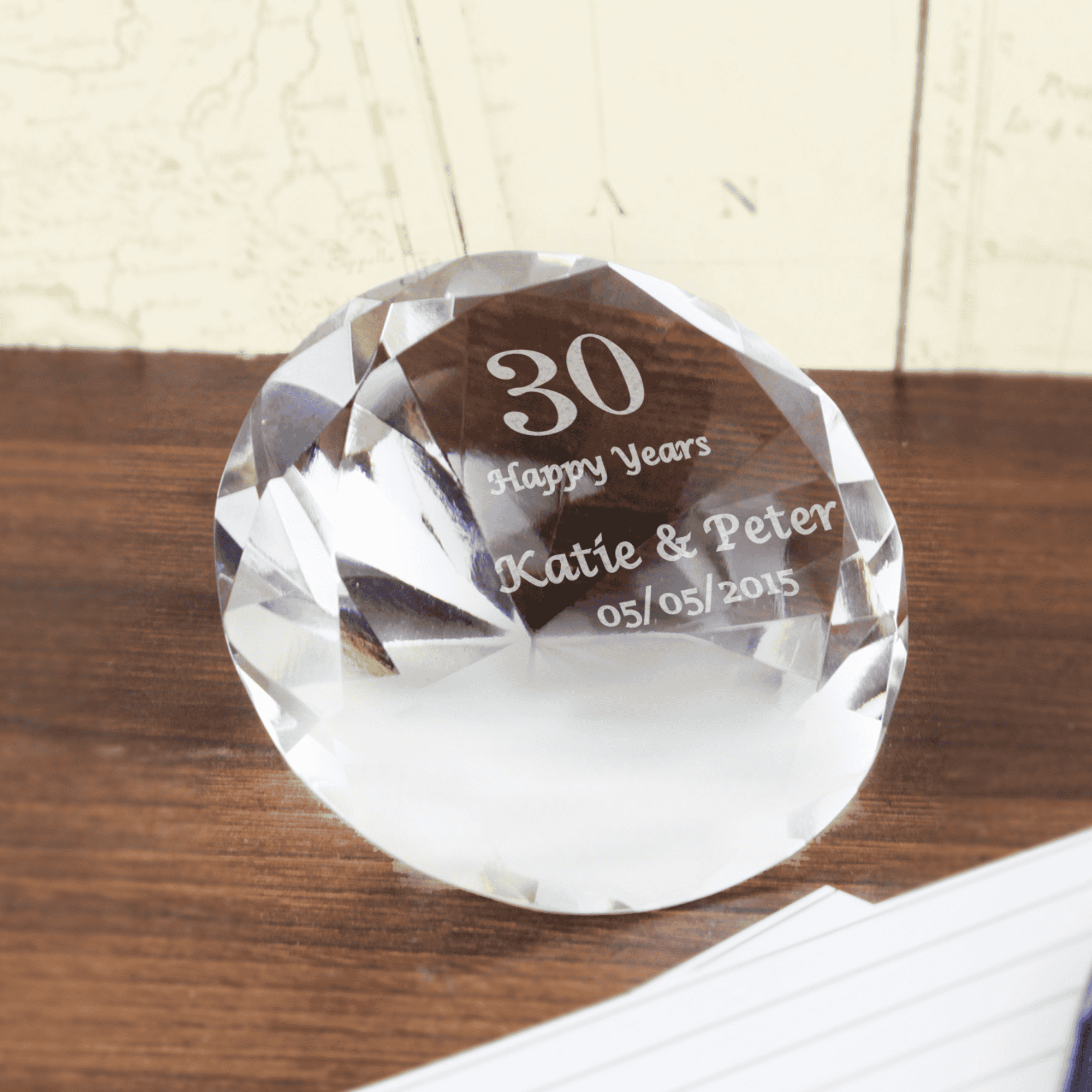 personalised big number diamond paperweight engrved with a big number and a message over 3 lines