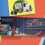 illustrated pages showing the child's name personalised on the transport book