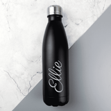personalised black insulated drinks bottle with any name personalised it in silver writing