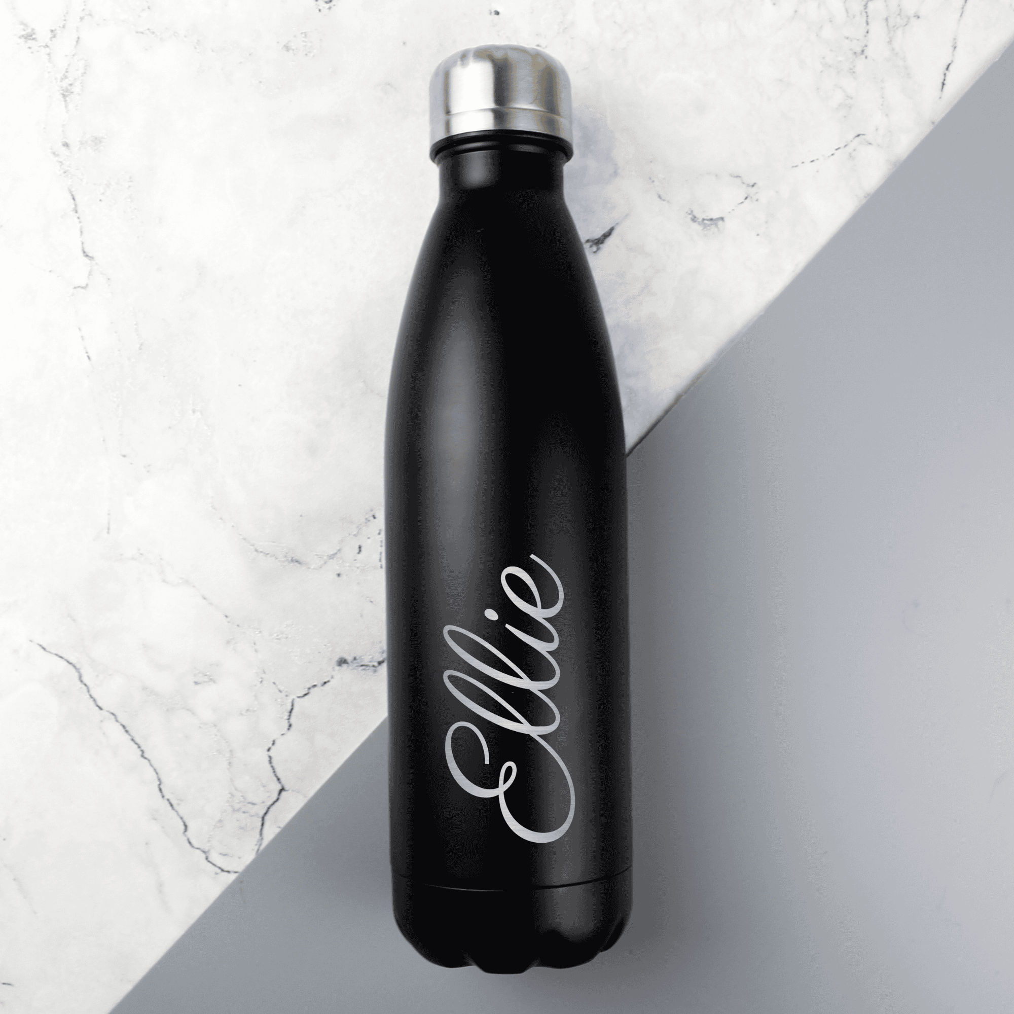 personalised black insulated drinks bottle with any name personalised it in silver writing