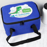 personalised blue dinosaur packed lunch bag with any name on top
