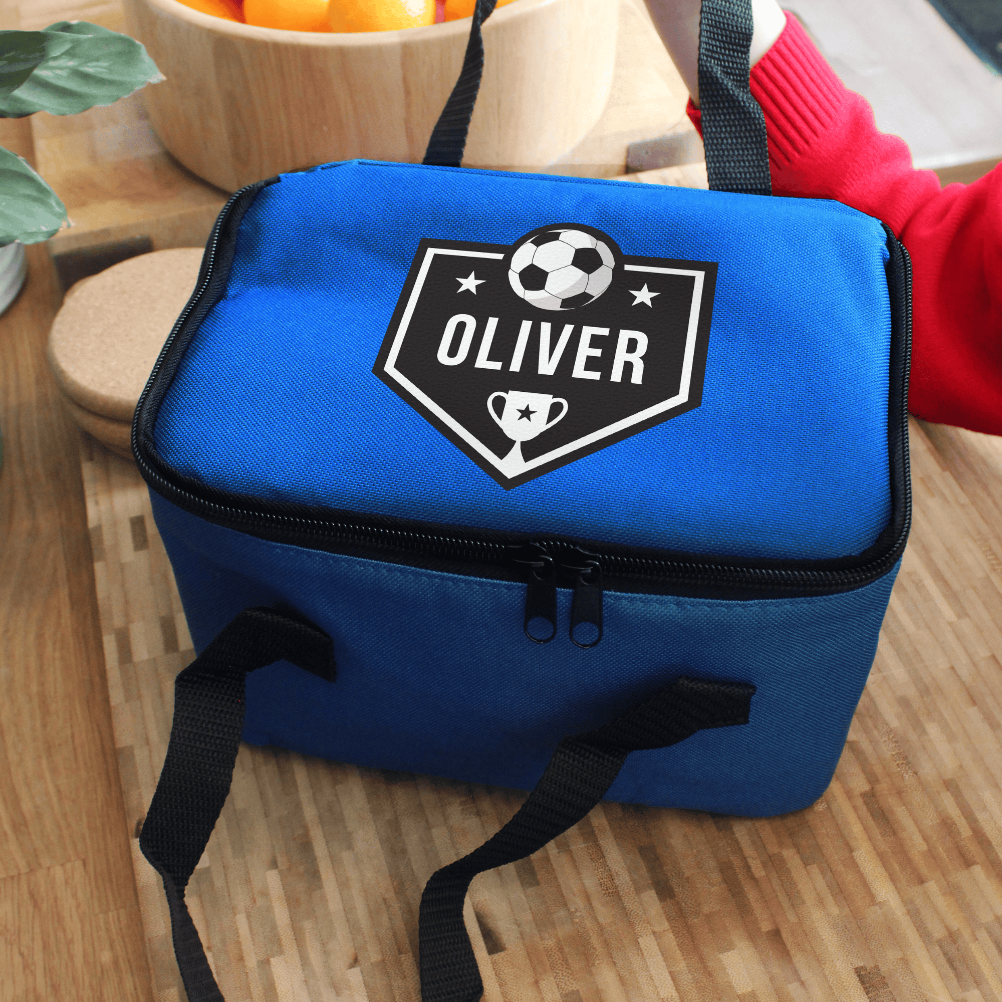 personalised blue football packed lunch bag personalised with any name on the top