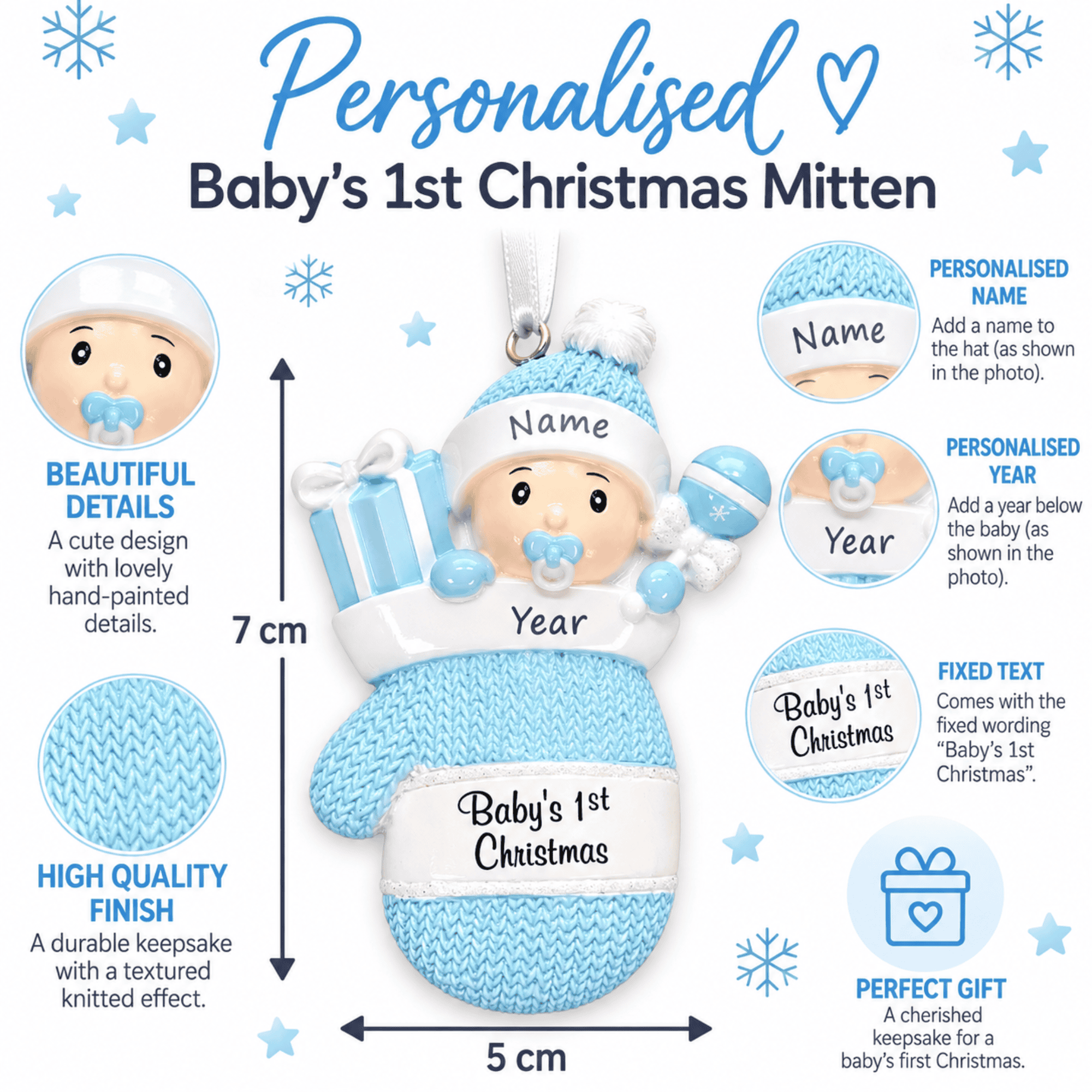 personalised baby mitten christmas tree decoration personalised with a name on the hat and a year on the mitten