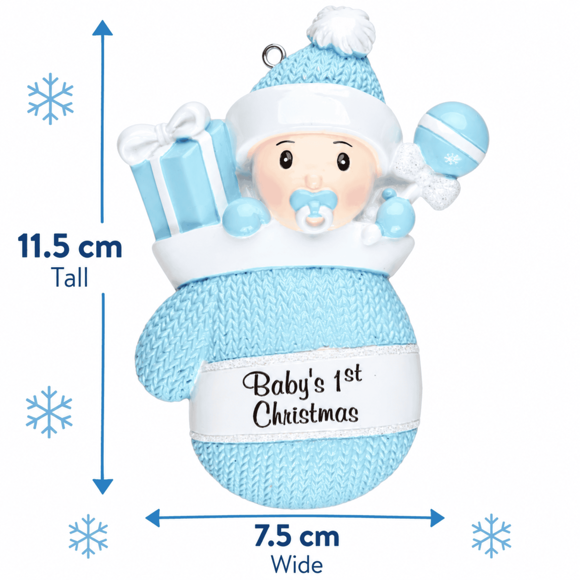 personalised baby mitten christmas tree decoration personalised with a name on the hat and a year on the mitten
