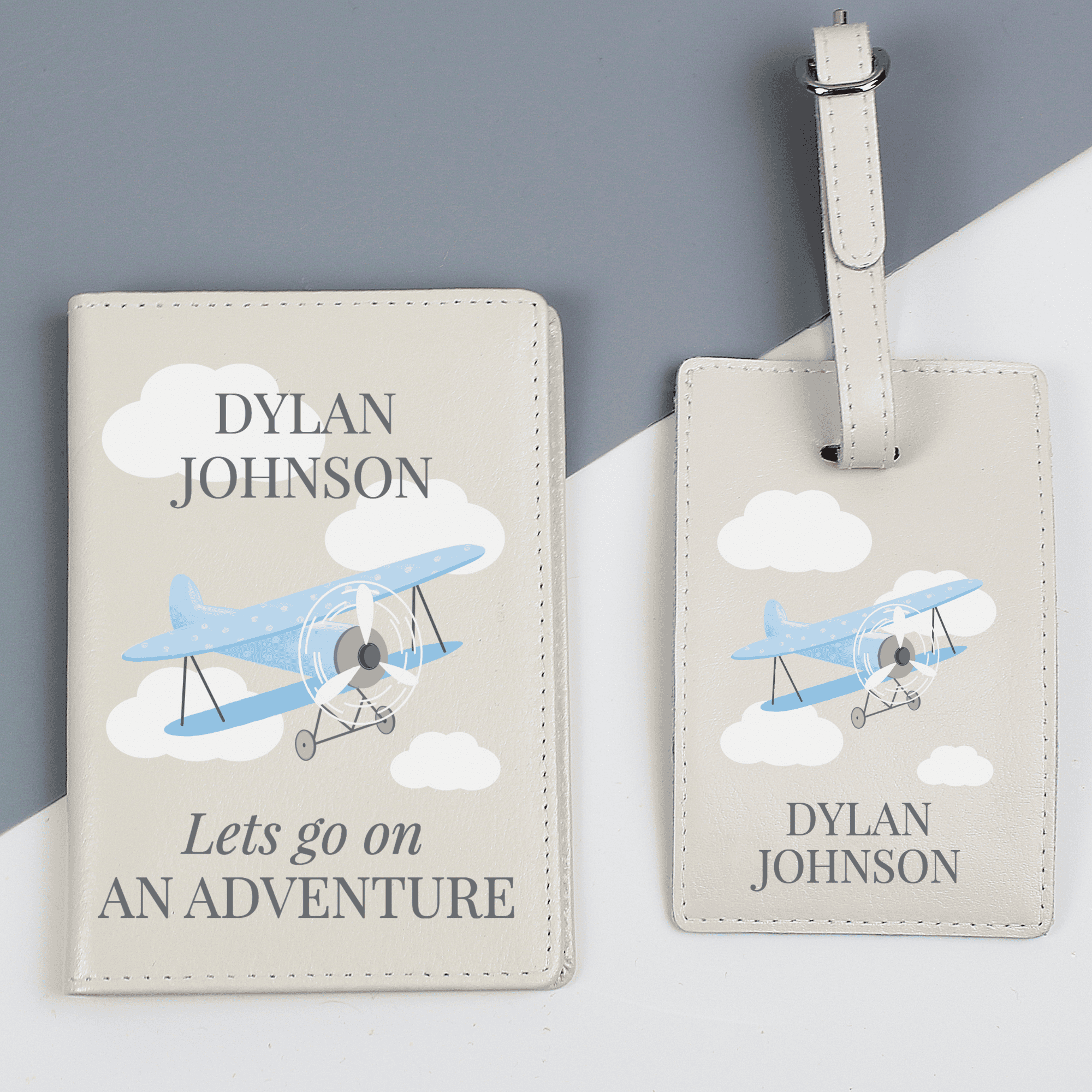 personalised passport cover and luggage tag with a blue plane design on the front
