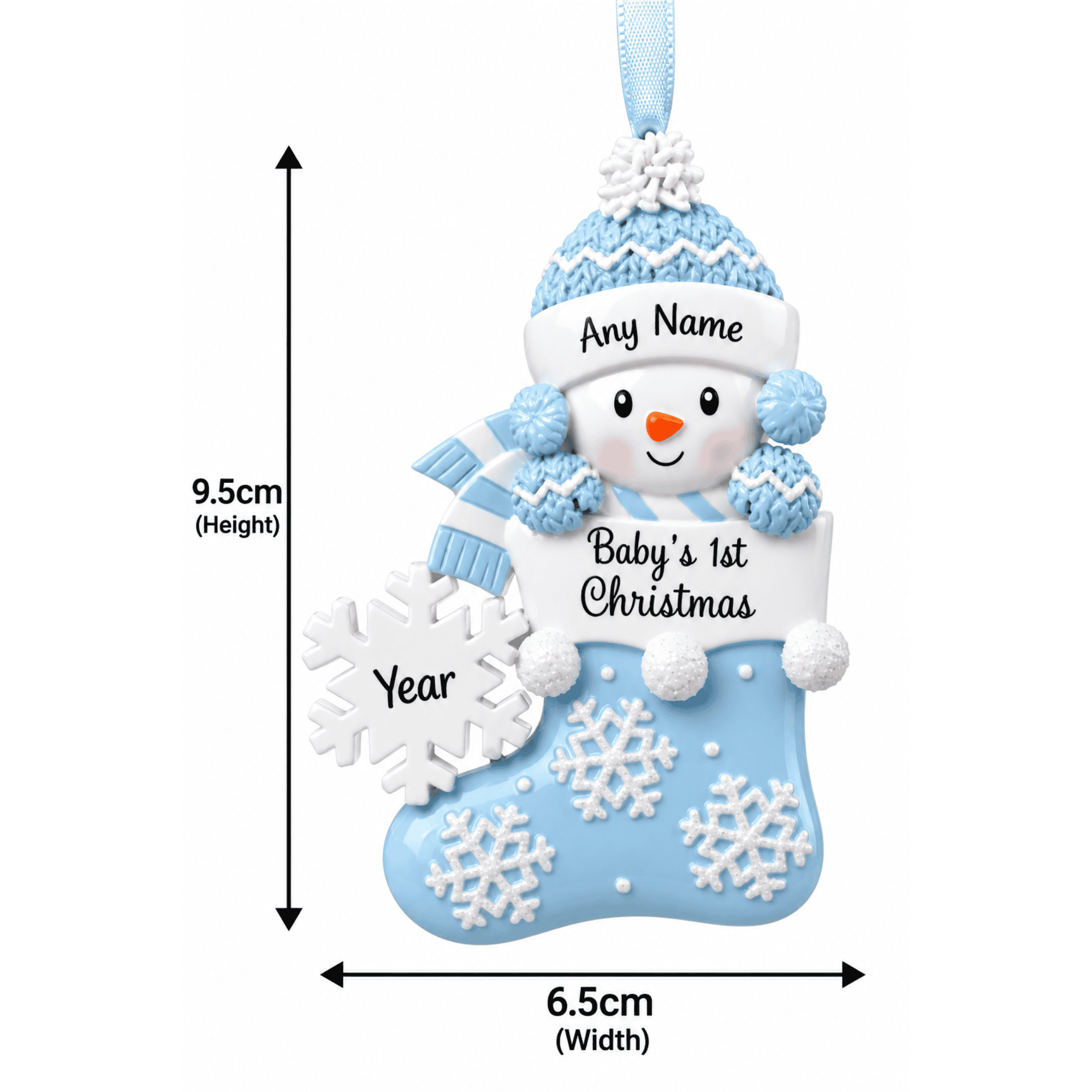 blue stocking first christmas tree decoration showing the dimensions