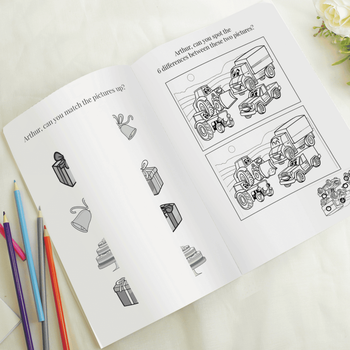 personalised wedding acitivity book for boys showing the inside of the book