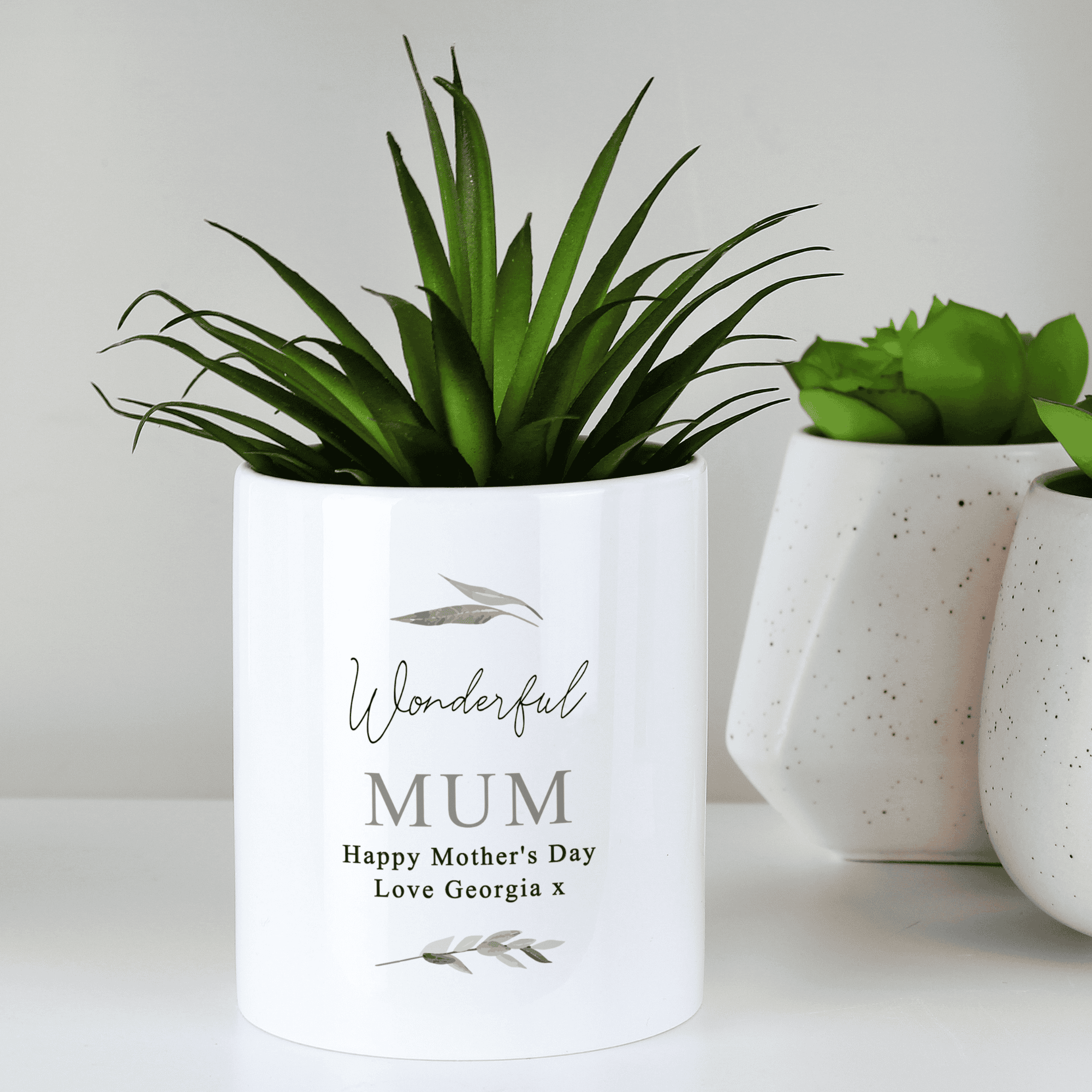 personalised ceramic storage pot. white with a botanical design and personalised over 4 lines with the name in big writing