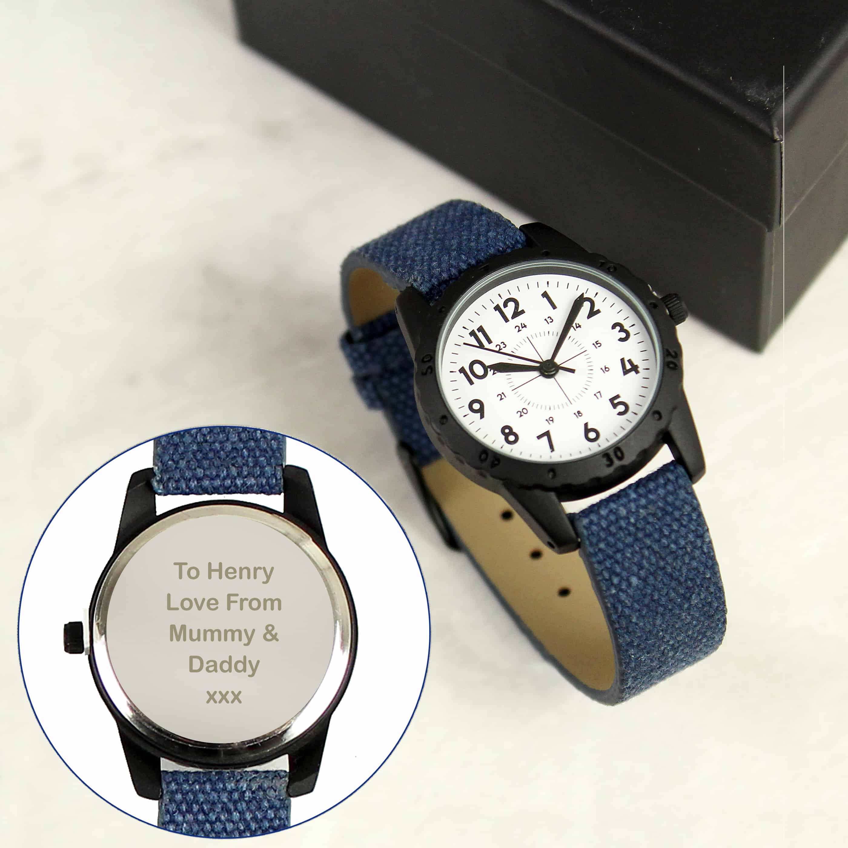 Personalised Black with Blue Canvas Strap Watch
